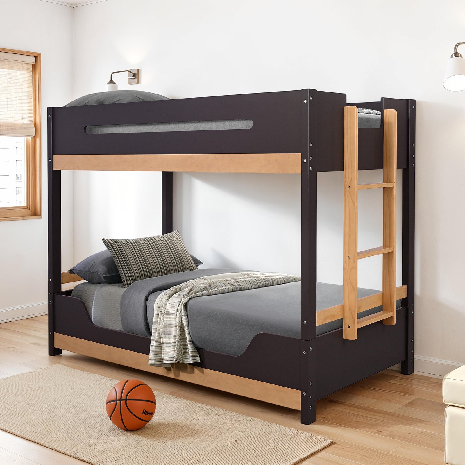Contemporary Style Twin Over Twin  Bunk Bed Attached Side Ladder Insert An d Lock Joint Purple Mauve/Natural Finish Bedroom Furniture