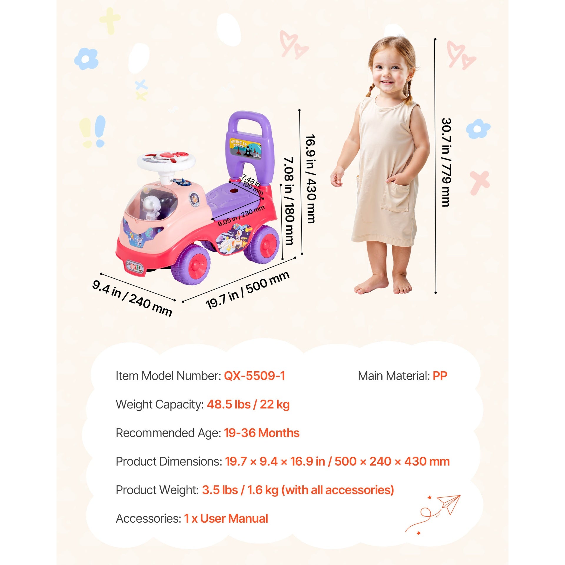 Ride On Toddler Push Car, Push Car for Toddler 19 to 36 Months, Kids Ride On Toy with Horn & Music, 48.5 lbs Load Capacity, Under-seat Storage, Foot-to-Floor Walker for Toddlers Boys Girls, Pink