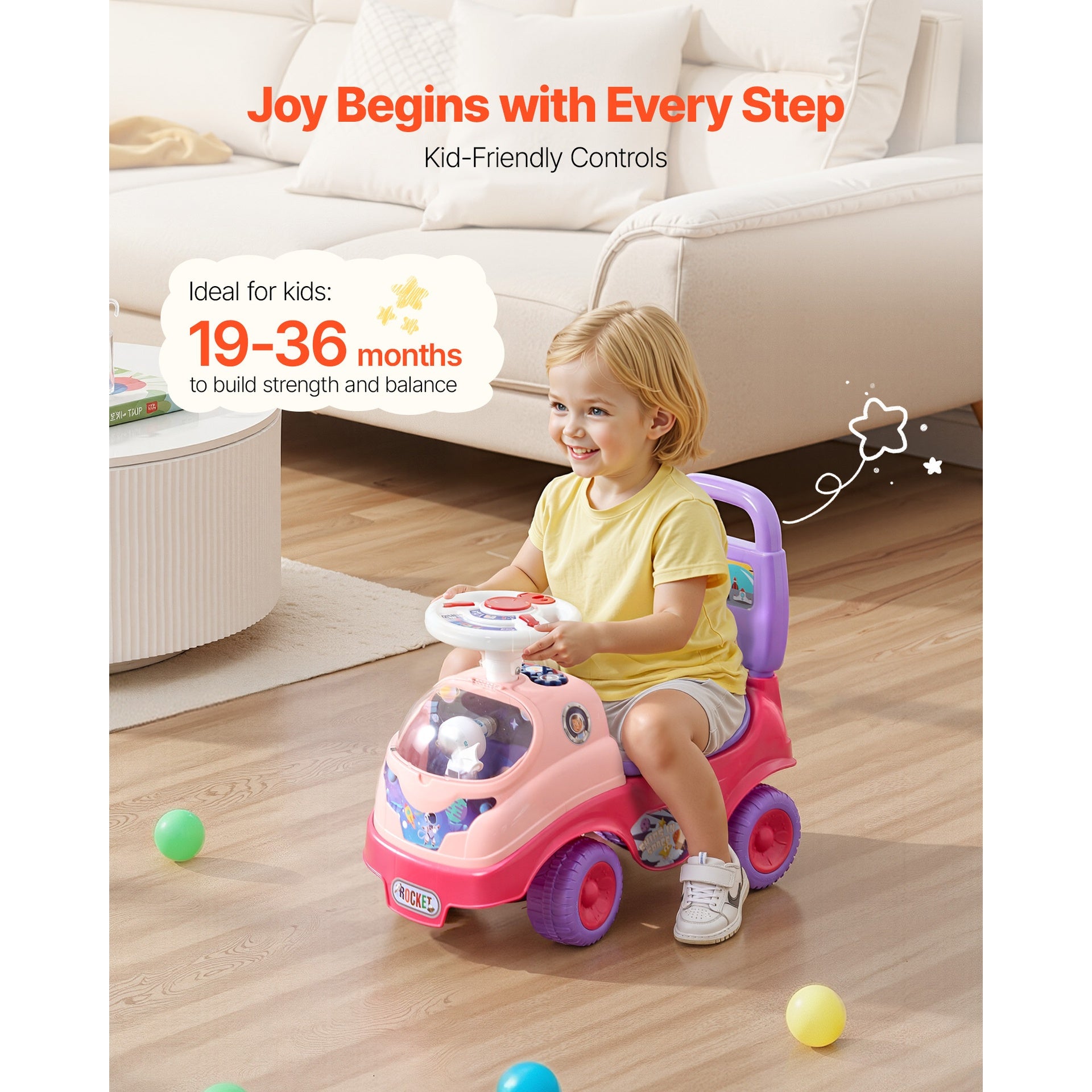 Ride On Toddler Push Car, Push Car for Toddler 19 to 36 Months, Kids Ride On Toy with Horn & Music, 48.5 lbs Load Capacity, Under-seat Storage, Foot-to-Floor Walker for Toddlers Boys Girls, Pink