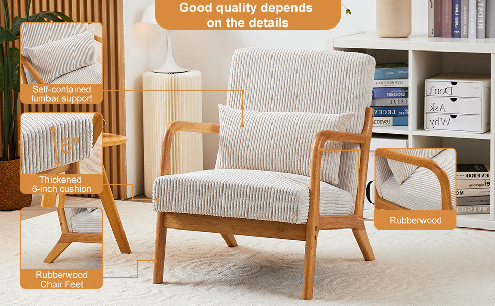 Mid-Century Modern Accent Chair, Arm Chair Living Room Chairs with Pillow Upholstered Reading Chair with Solid Wood Frame & Living Room Bedroom Balcony (beige)