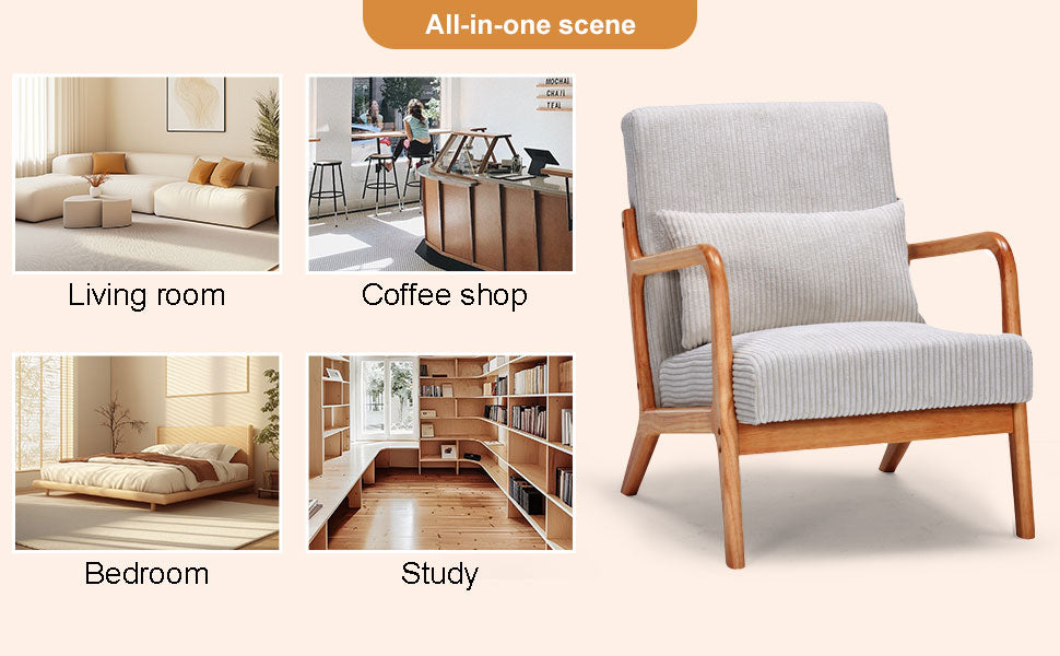 Mid-Century Modern Accent Chair, Arm Chair Living Room Chairs with Pillow Upholstered Reading Chair with Solid Wood Frame & Living Room Bedroom Balcony (beige)