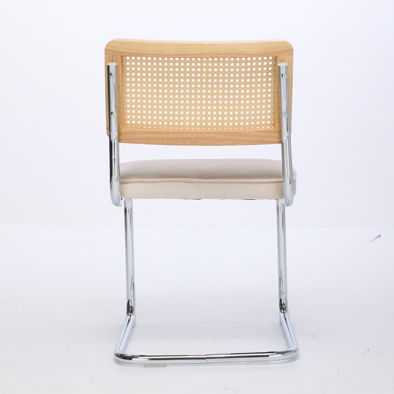 Mid Century Modern Dining Chairs Set of 2, Velvet Accent Chairs with Natural Cane Back & Stainless Chrome Base, Famous Breuer Designed Chairs, Upholstered Rattan Kitchen Chairs,Beige