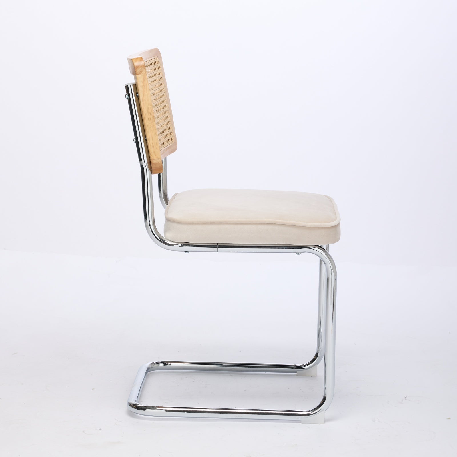 Mid Century Modern Dining Chairs Set of 2, Velvet Accent Chairs with Natural Cane Back & Stainless Chrome Base, Famous Breuer Designed Chairs, Upholstered Rattan Kitchen Chairs,Beige