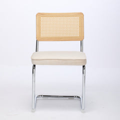 Mid Century Modern Dining Chairs Set of 2, Velvet Accent Chairs with Natural Cane Back & Stainless Chrome Base, Famous Breuer Designed Chairs, Upholstered Rattan Kitchen Chairs,Beige