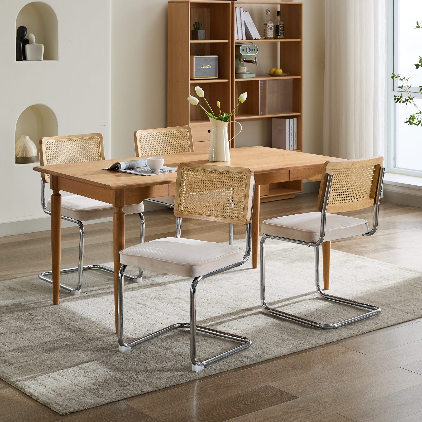 Mid Century Modern Dining Chairs Set of 2, Velvet Accent Chairs with Natural Cane Back & Stainless Chrome Base, Famous Breuer Designed Chairs, Upholstered Rattan Kitchen Chairs,Beige