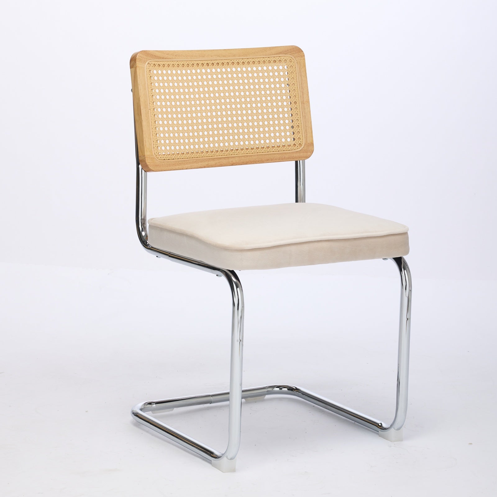 Mid Century Modern Dining Chairs Set of 2, Velvet Accent Chairs with Natural Cane Back & Stainless Chrome Base, Famous Breuer Designed Chairs, Upholstered Rattan Kitchen Chairs,Beige
