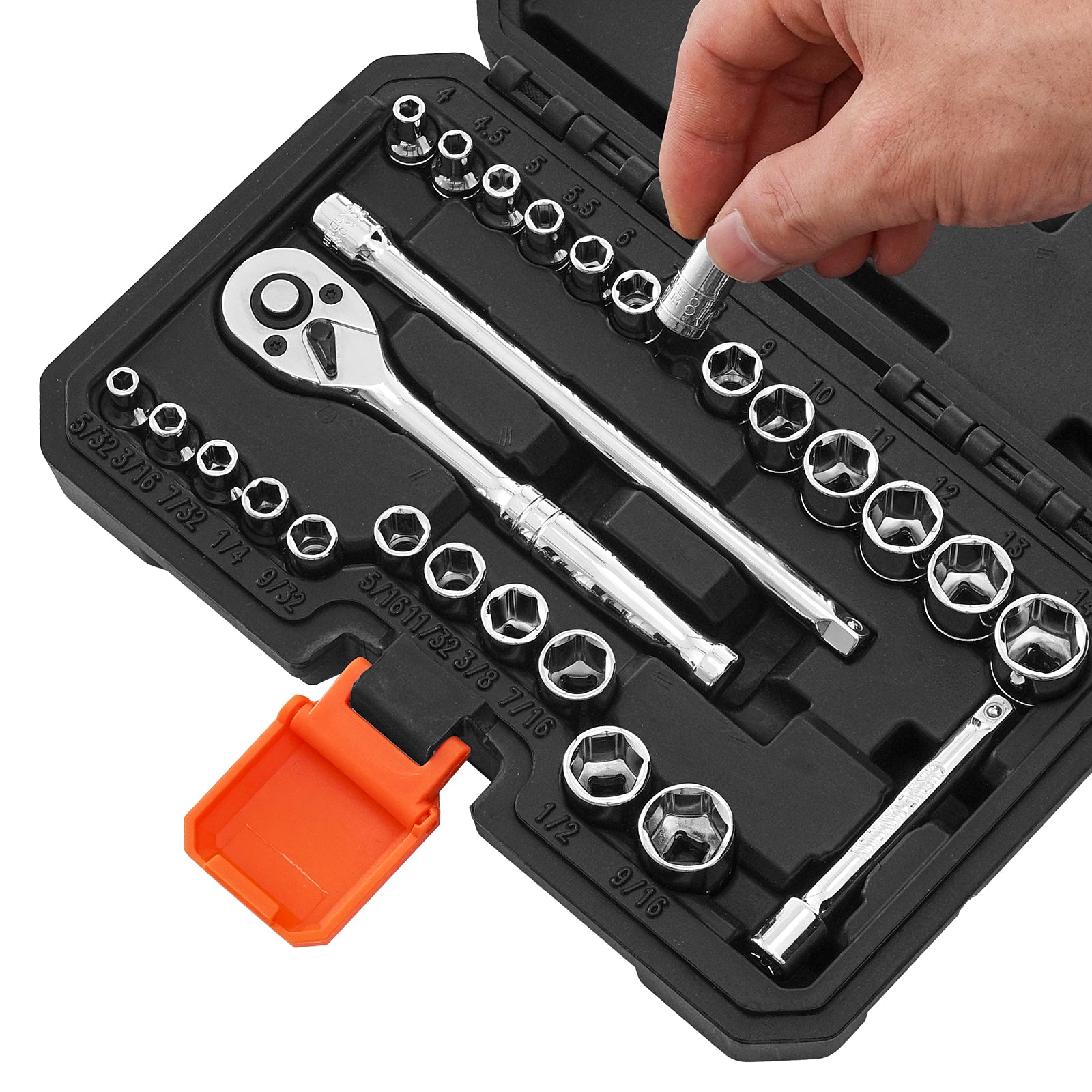 Socket Set, 27 Pieces, 1/4 inch Drive Socket and Ratchet Set, SAE and Metric, Mechanic Tool Kit with Ratchet Wrench, Extension Bar and Storage Case, CR-V Alloy Steel, for Automotive Repair