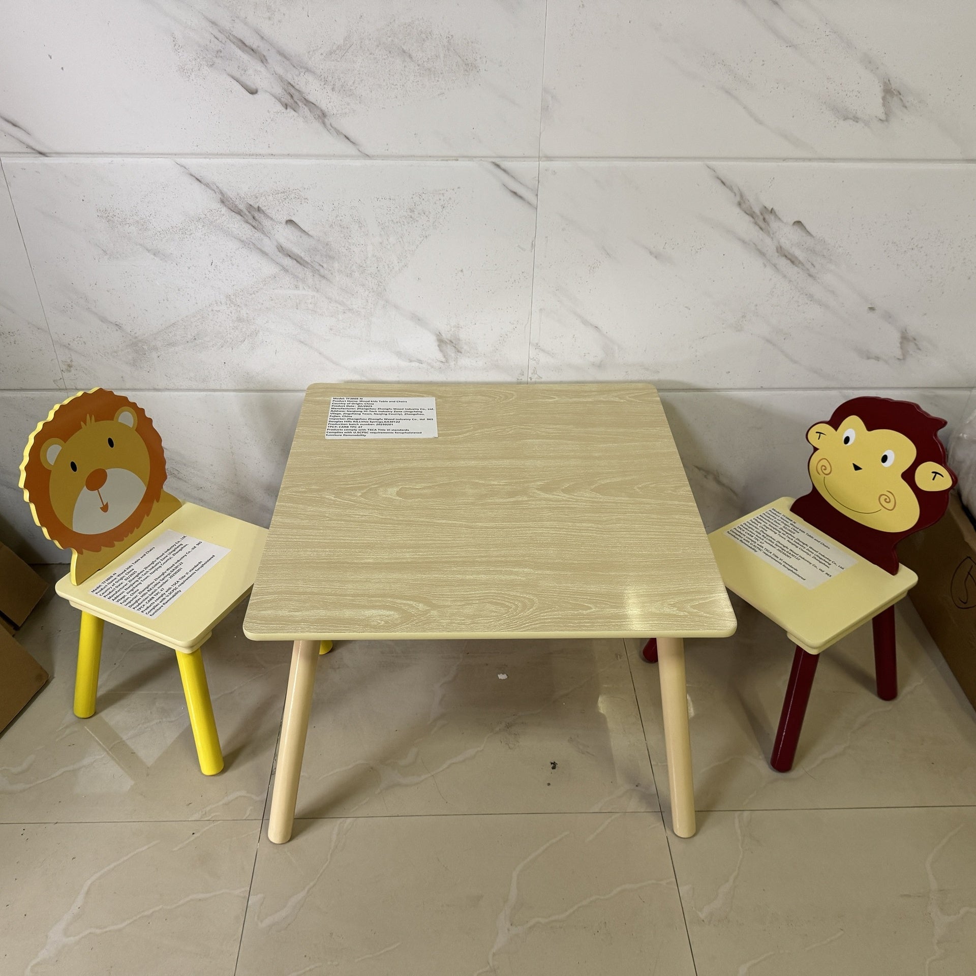 Kids Table and 2 Chairs Set, 3 Pieces Toddler Table and Chair Set, Wooden Activity Play Table Set (Lion&Monkey)