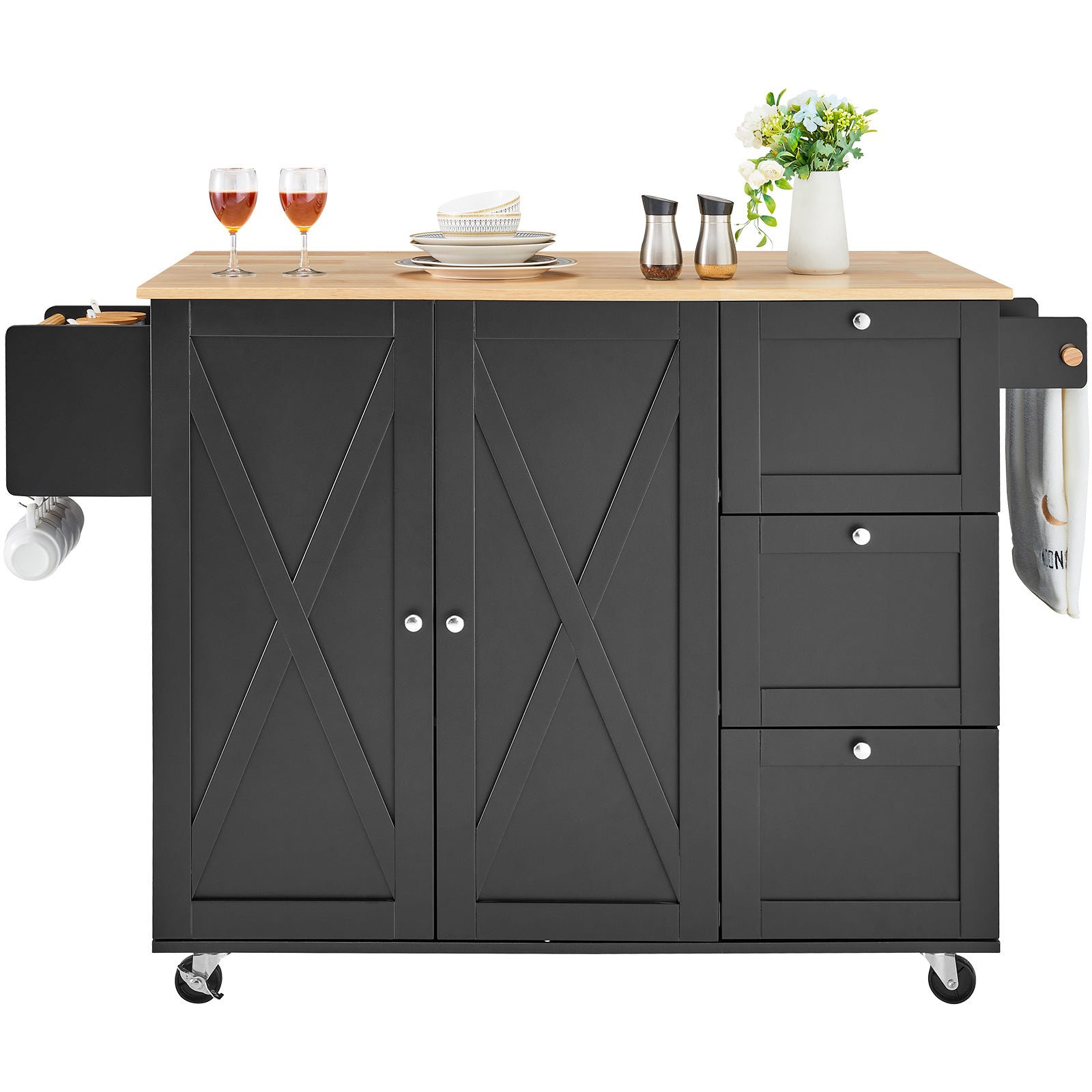 Kitchen Island Cart Rolling Storage Cabinet on Wheel with Drawer & Shelves