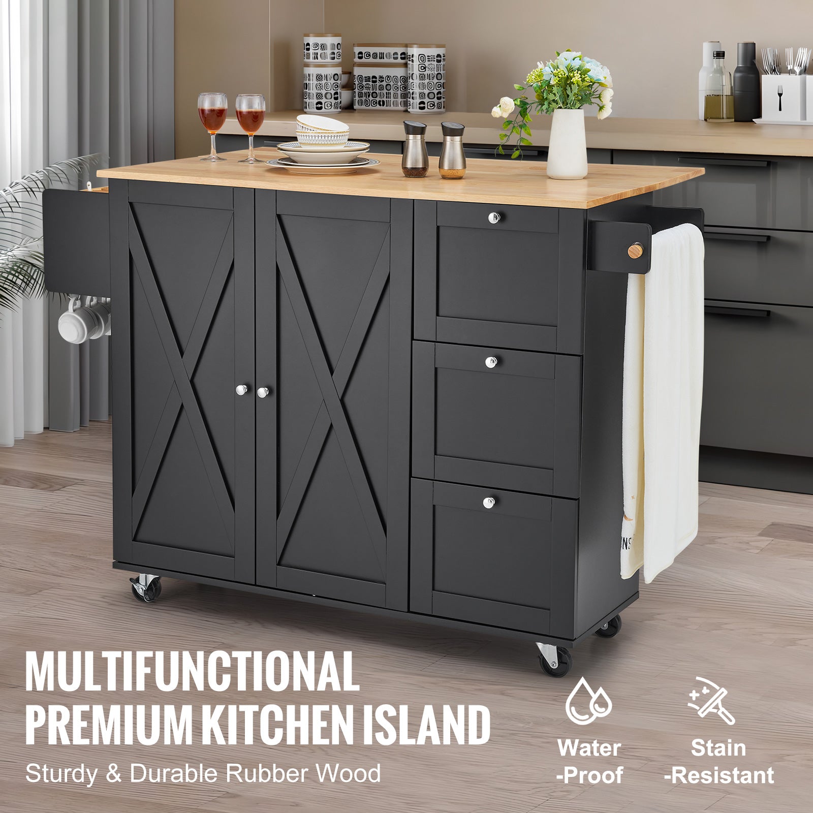 Kitchen Island Cart Rolling Storage Cabinet on Wheel with Drawer & Shelves