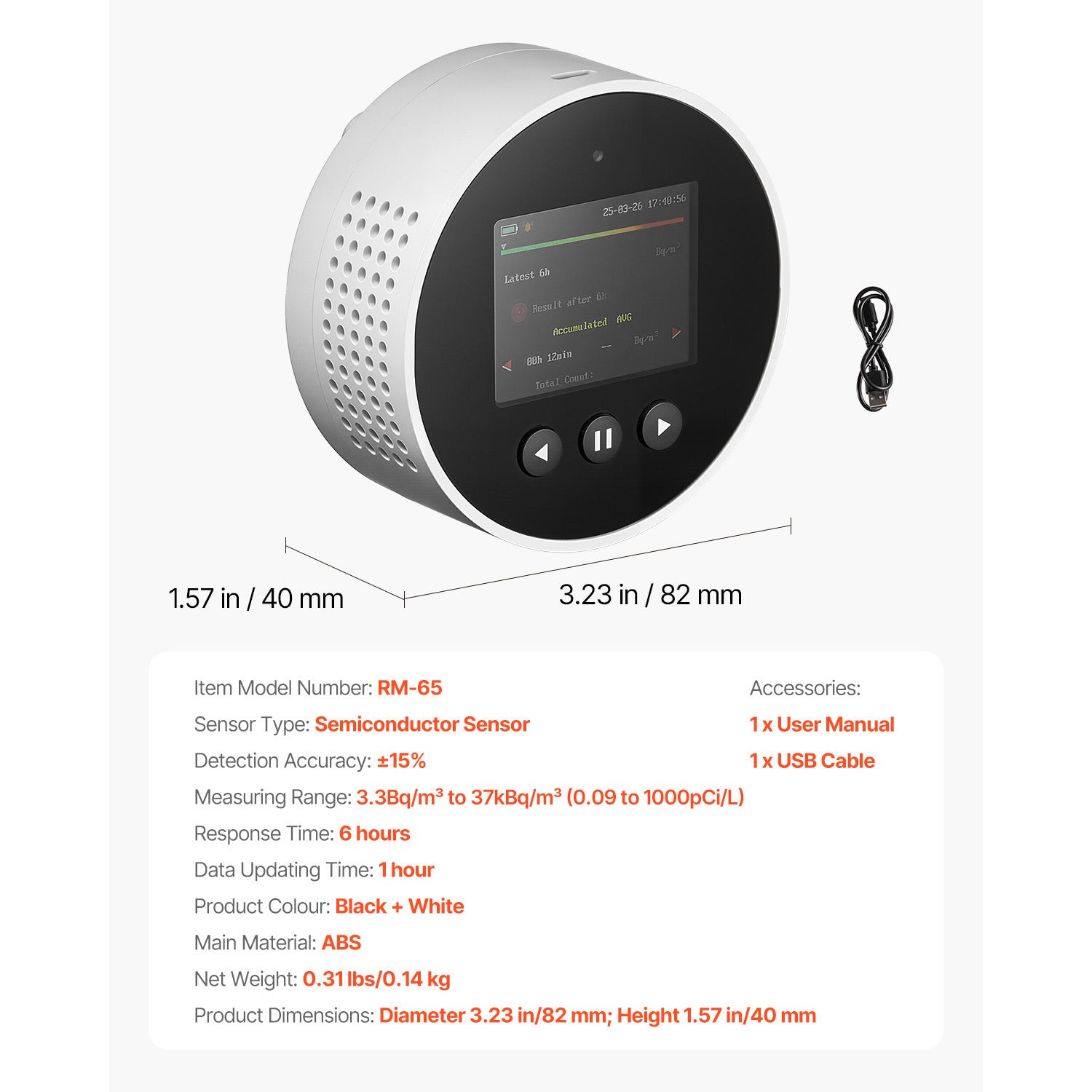Radon Air Quality Meter Detector for Home 3.3Bq to 37kBq/m³ Battery Powered