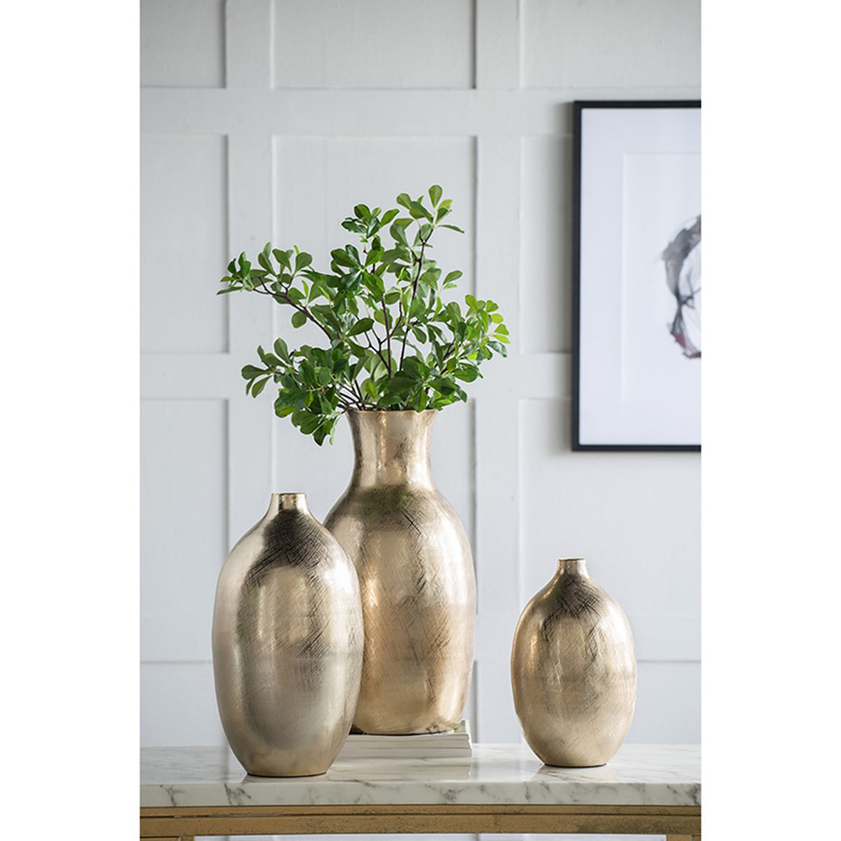 8.5x8.5x18.5" Aluminum Vase, Gold Streaks