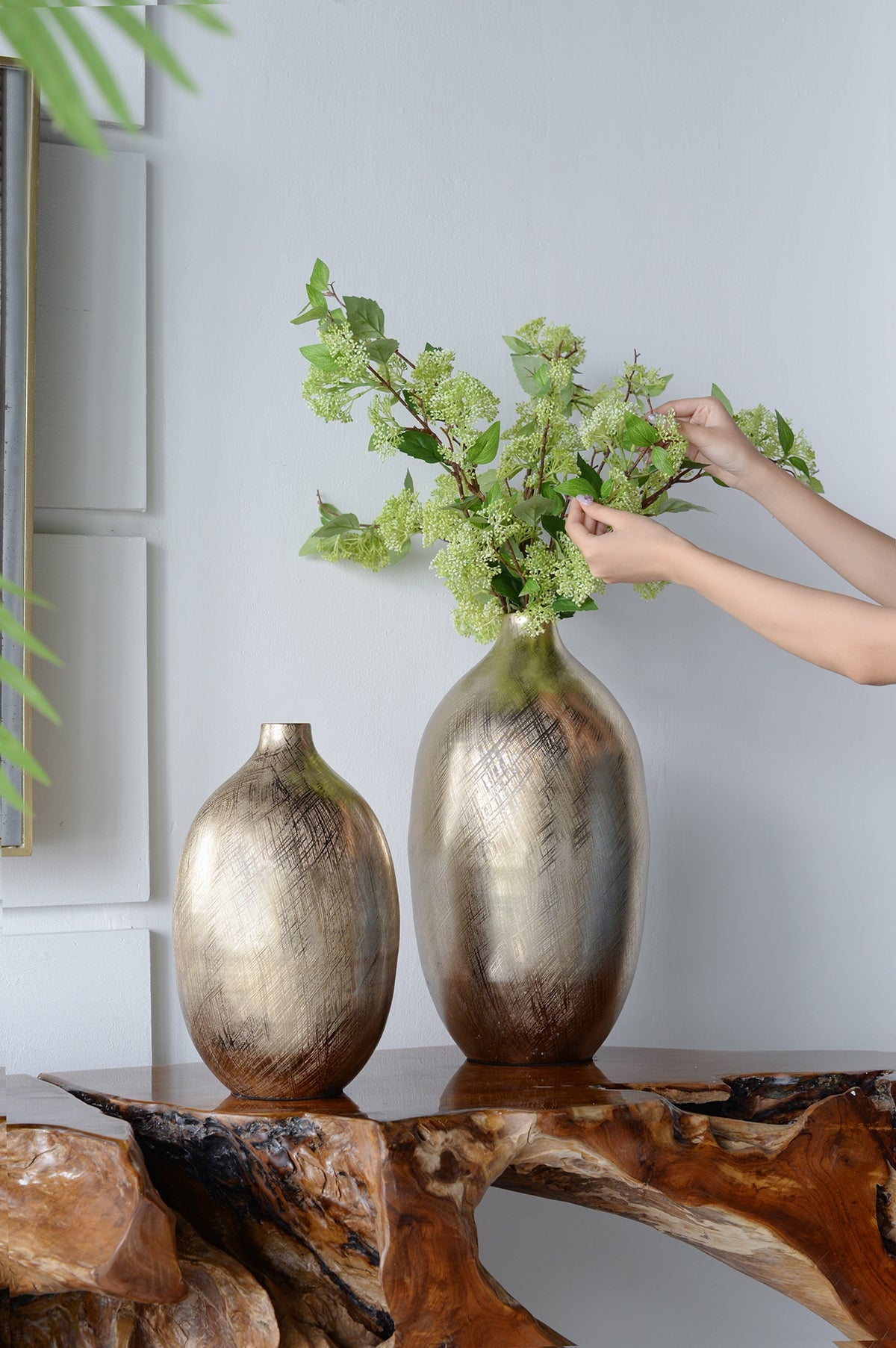 8.5x8.5x18.5" Aluminum Vase, Gold Streaks