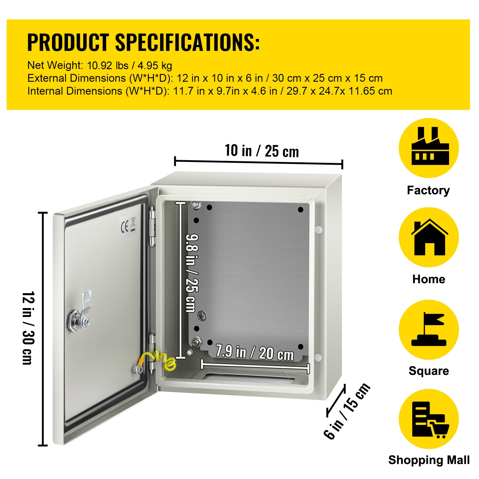 NEMA Steel Enclosure, 12 x 10 x 6'' NEMA 4X Steel Electrical Box, IP66 Waterproof & Dustproof, Outdoor/Indoor Electrical Junction Box, with Mounting Plate