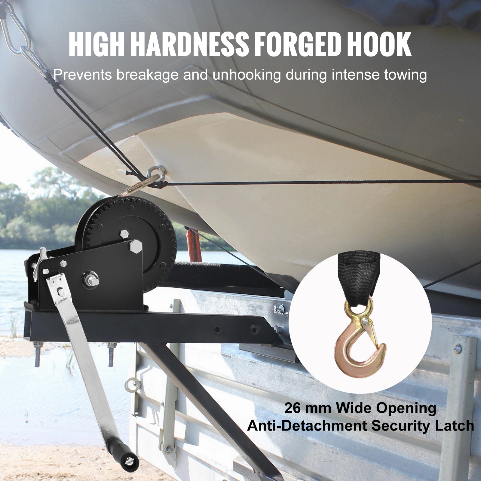 Hand Winch, 3500 lbs Pulling Capacity, Boat Trailer Winch Heavy Duty Rope Crank with 33 ft Polyester Strap and Two-Way Ratchet, Manual Operated Hand Crank Winch for Trailer, Boat or ATV Towing