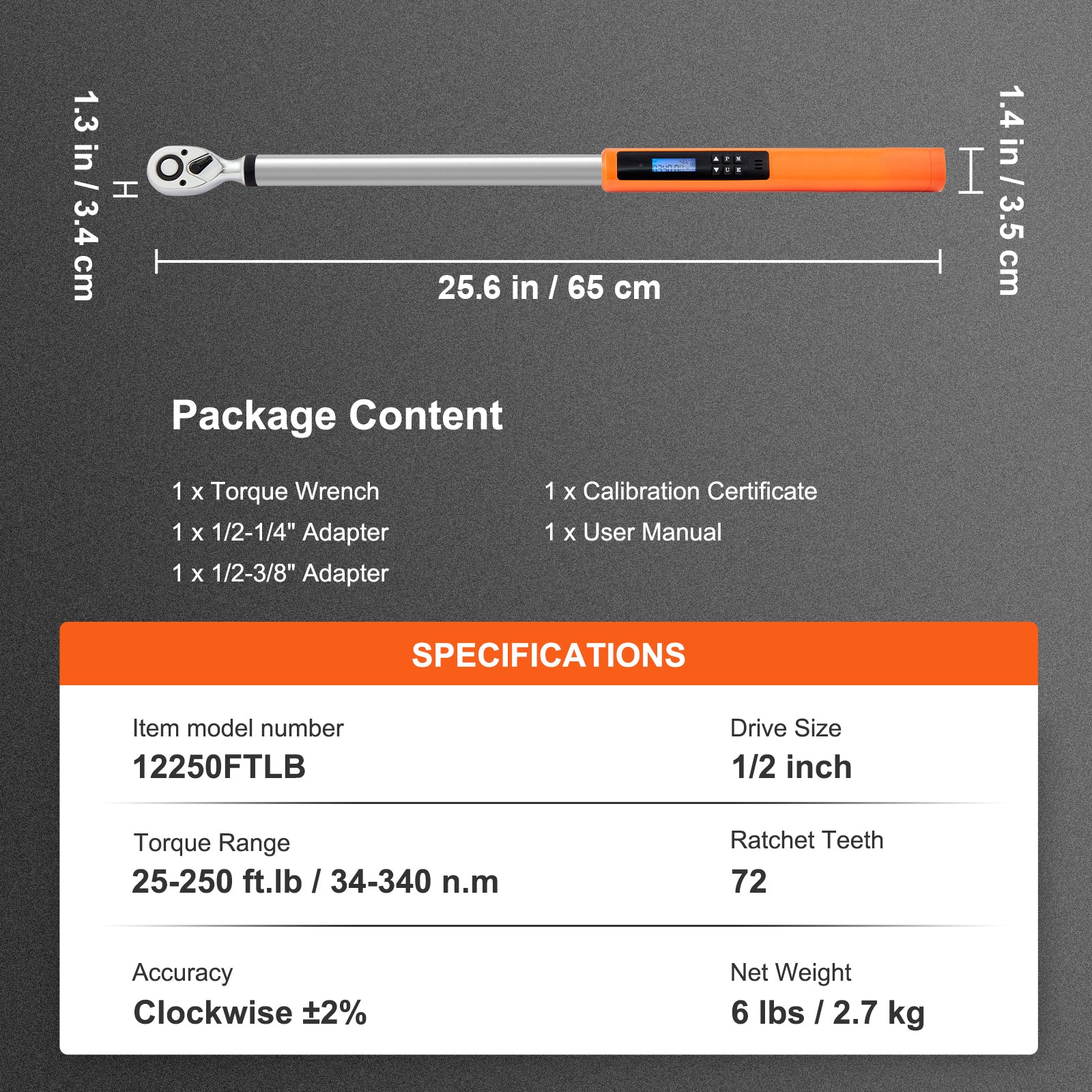 Digital Torque Wrench, 1/2" Drive Electronic Torque Wrench, Torque Wrench Kit 25-250ft.lb/34-340n.m Torque Range Accurate to ±2%, 3-Mode Adjustable Torque Wrench Set with LED Buzzer Calibration