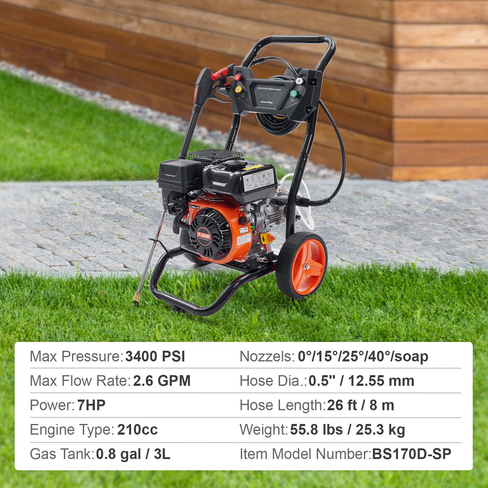 Gas Pressure Washer, 3400 PSI 2.6 GPM, Gas Powered Pressure Washer with Aluminum Pump, Spray Gun and Extension Wand, 5 Quick Connect Nozzles, for Cleaning Cars, Homes, Driveways, Patios
