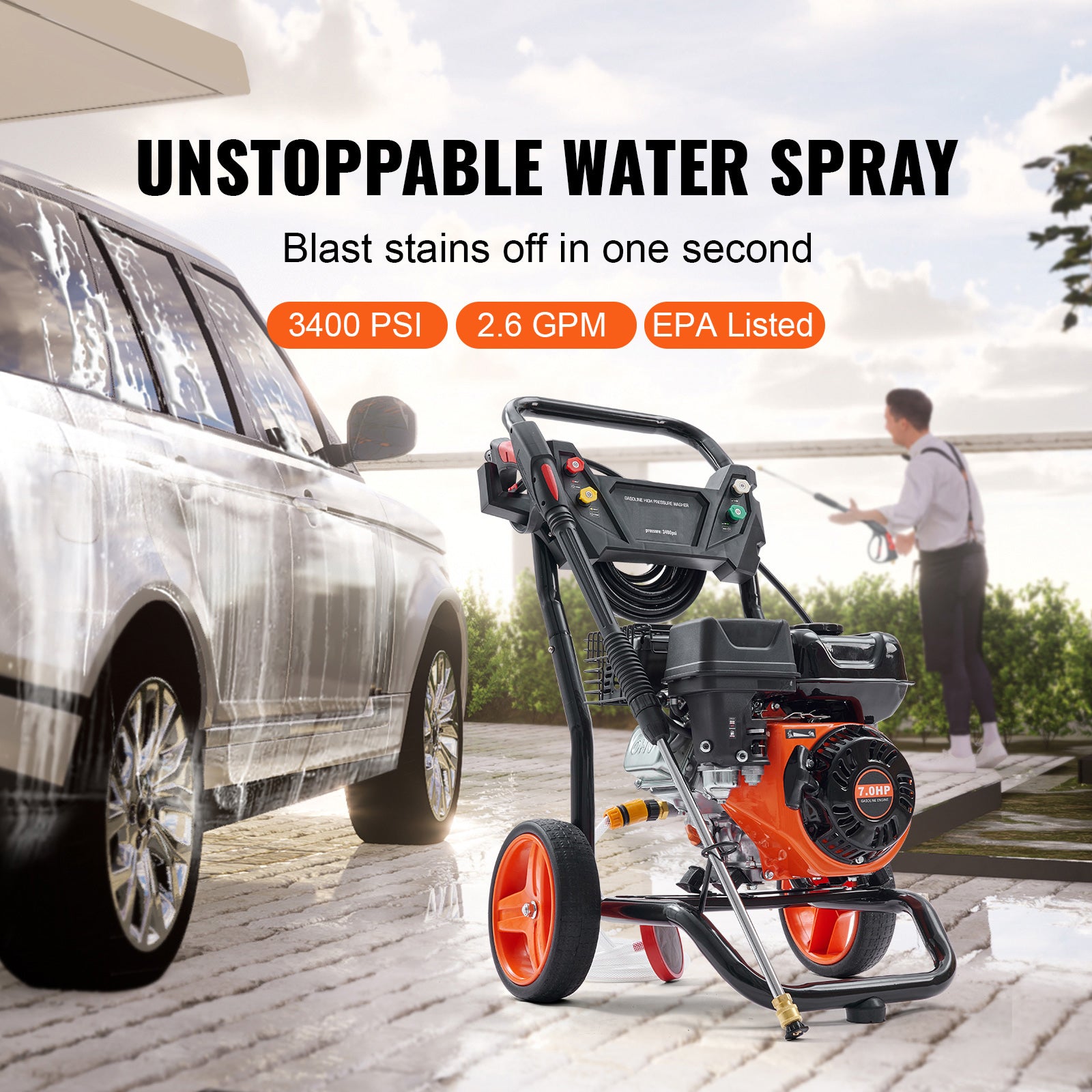 Gas Pressure Washer, 3400 PSI 2.6 GPM, Gas Powered Pressure Washer with Aluminum Pump, Spray Gun and Extension Wand, 5 Quick Connect Nozzles, for Cleaning Cars, Homes, Driveways, Patios