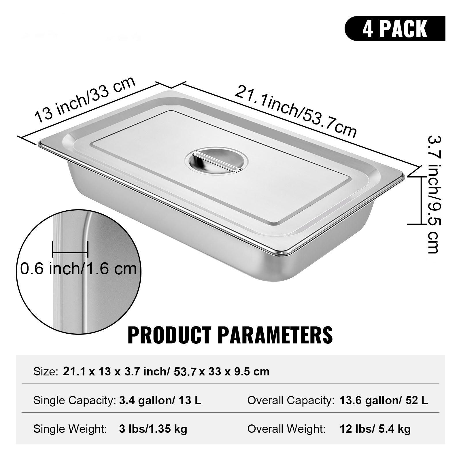 4 Pack Steam Table Pans 20.9 x 12.8 x 3.9 Inch Deep Steam Table Pan Full Size 13L Deep Food Container Stainless Steel Oven Tray Hotel Pans Anti-Jam Steam Table Food Pan