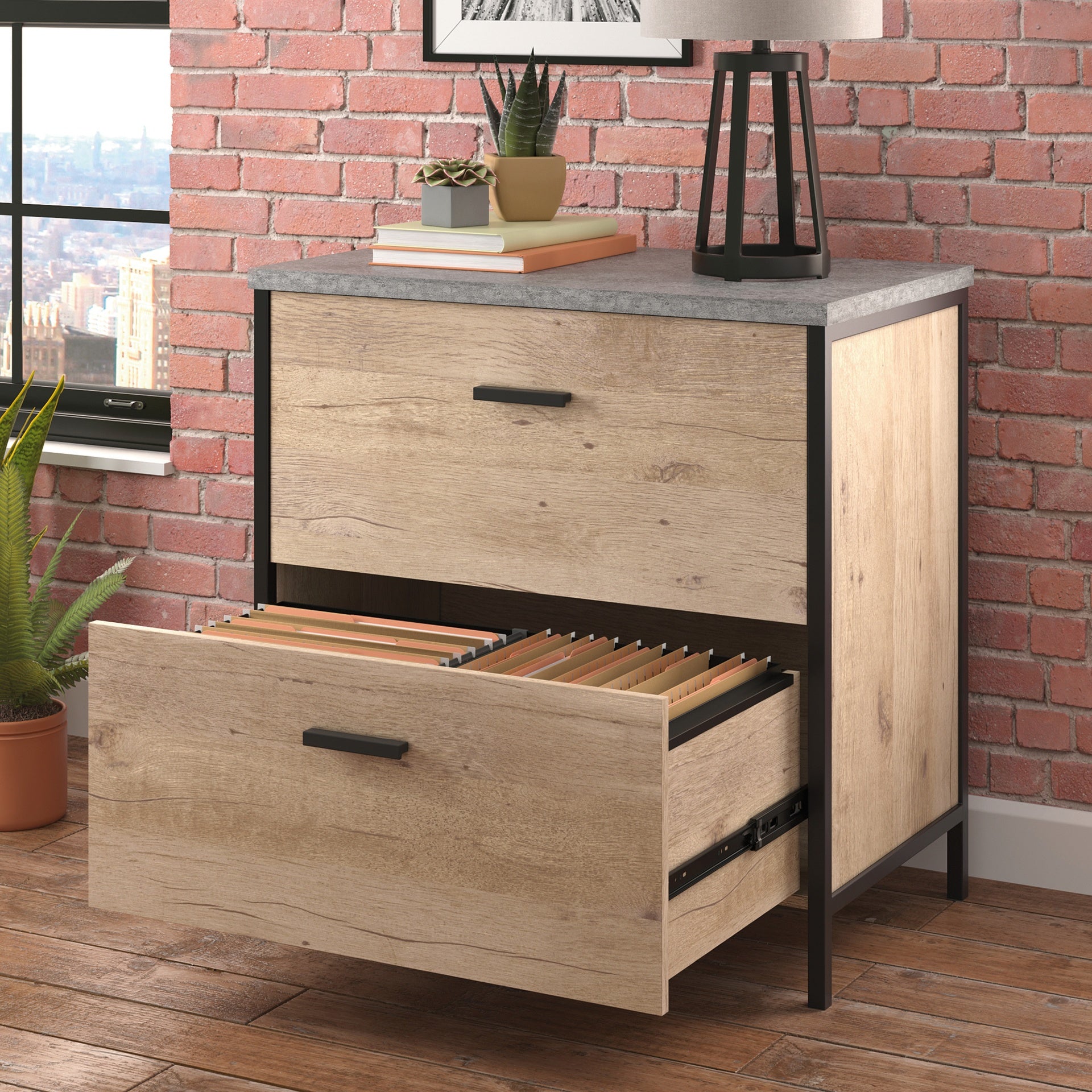 Lateral File with Large Drawers, Brown finish
