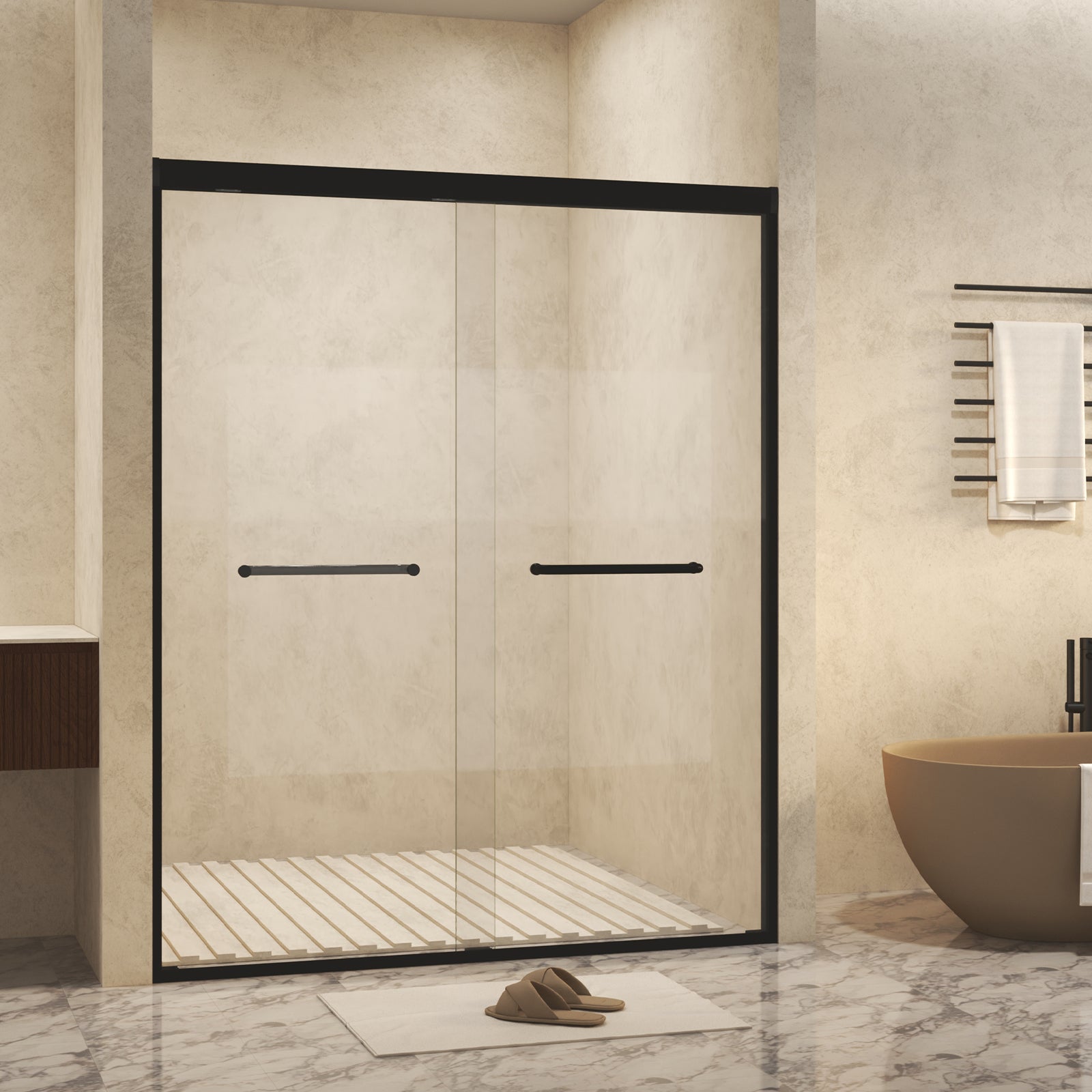 44-48" W × 72" H Tempered Glass with Explosion Proof Film, Aluminum Frame Double Sliding Shower Door, "1/4 (6 mm), Stainless Steel handle, Matte Black