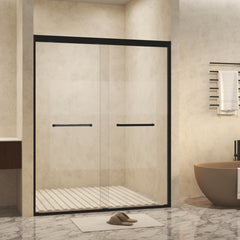 44-48" W × 72" H Tempered Glass with Explosion Proof Film, Aluminum Frame Double Sliding Shower Door, "1/4 (6 mm), Stainless Steel handle, Matte Black