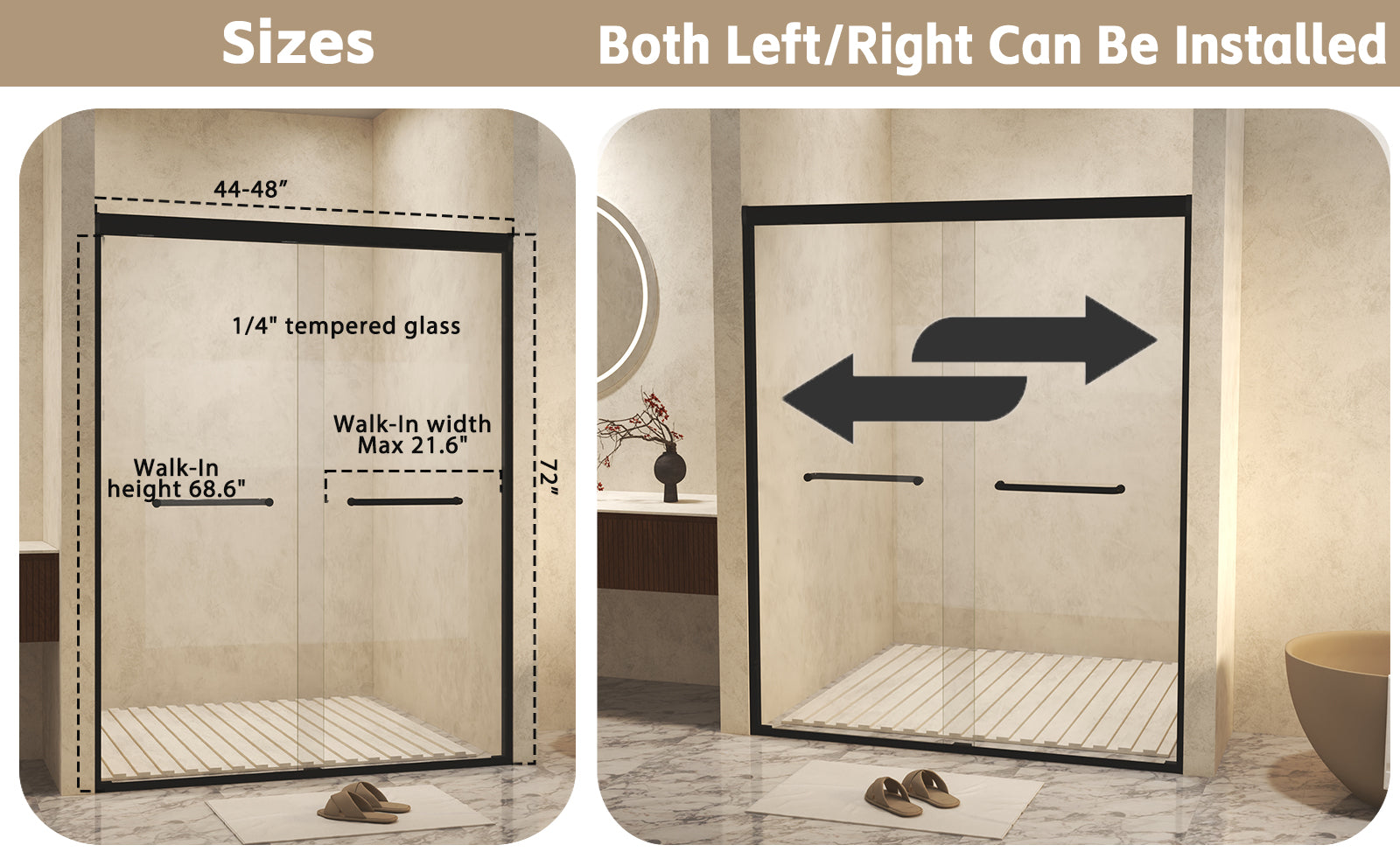 44-48" W × 72" H Tempered Glass with Explosion Proof Film, Aluminum Frame Double Sliding Shower Door, "1/4 (6 mm), Stainless Steel handle, Matte Black