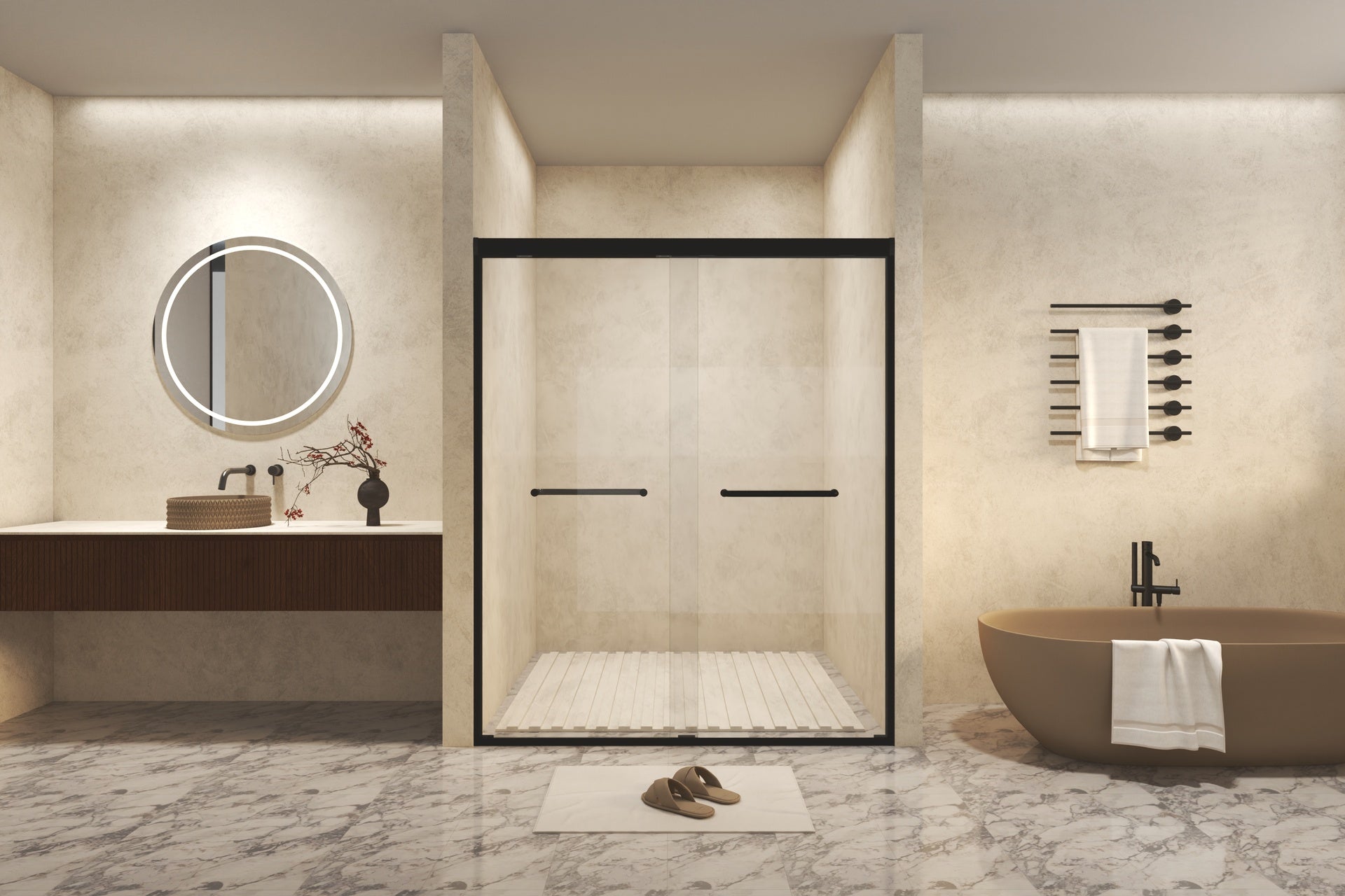 44-48" W × 72" H Tempered Glass with Explosion Proof Film, Aluminum Frame Double Sliding Shower Door, "1/4 (6 mm), Stainless Steel handle, Matte Black