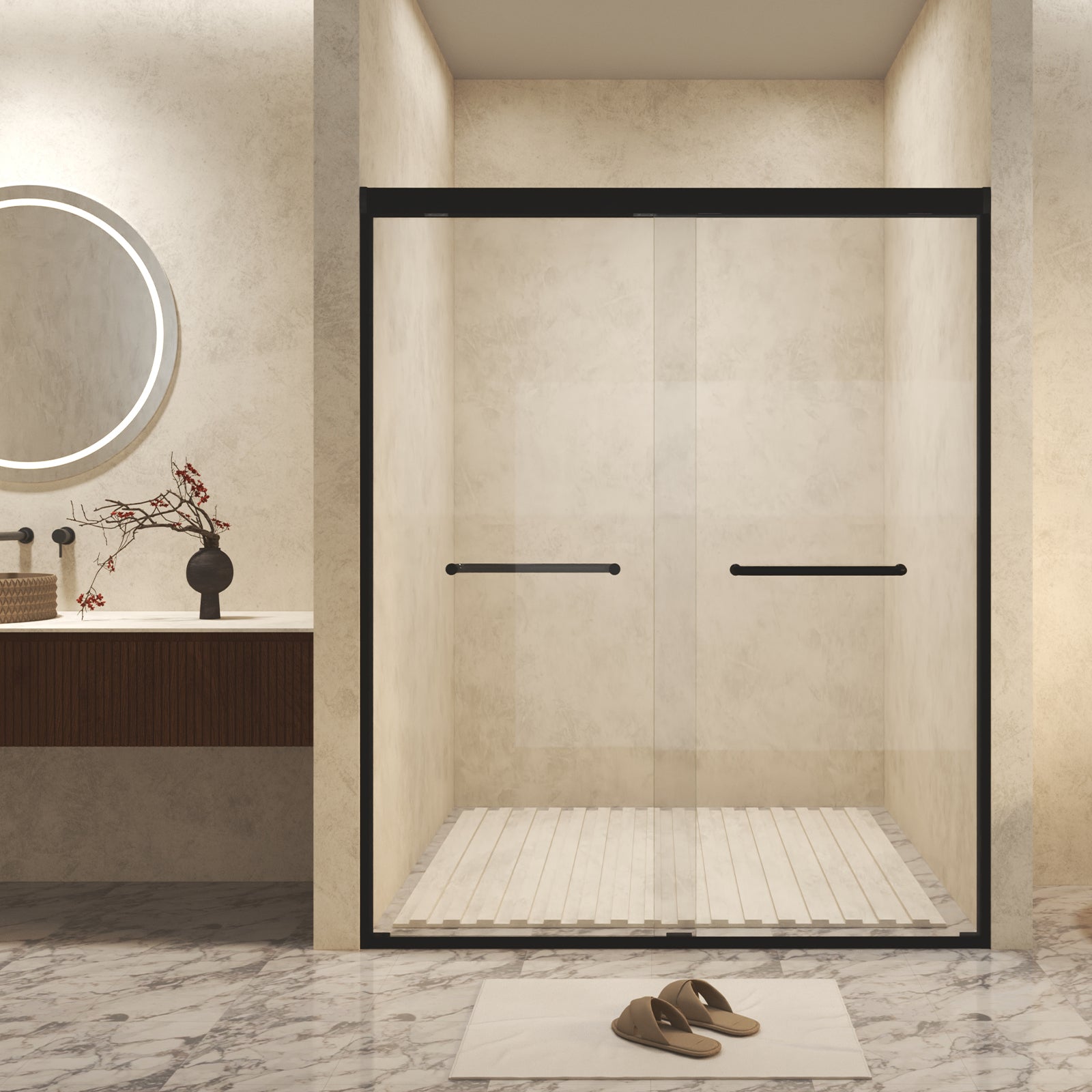 44-48" W × 72" H Tempered Glass with Explosion Proof Film, Aluminum Frame Double Sliding Shower Door, "1/4 (6 mm), Stainless Steel handle, Matte Black