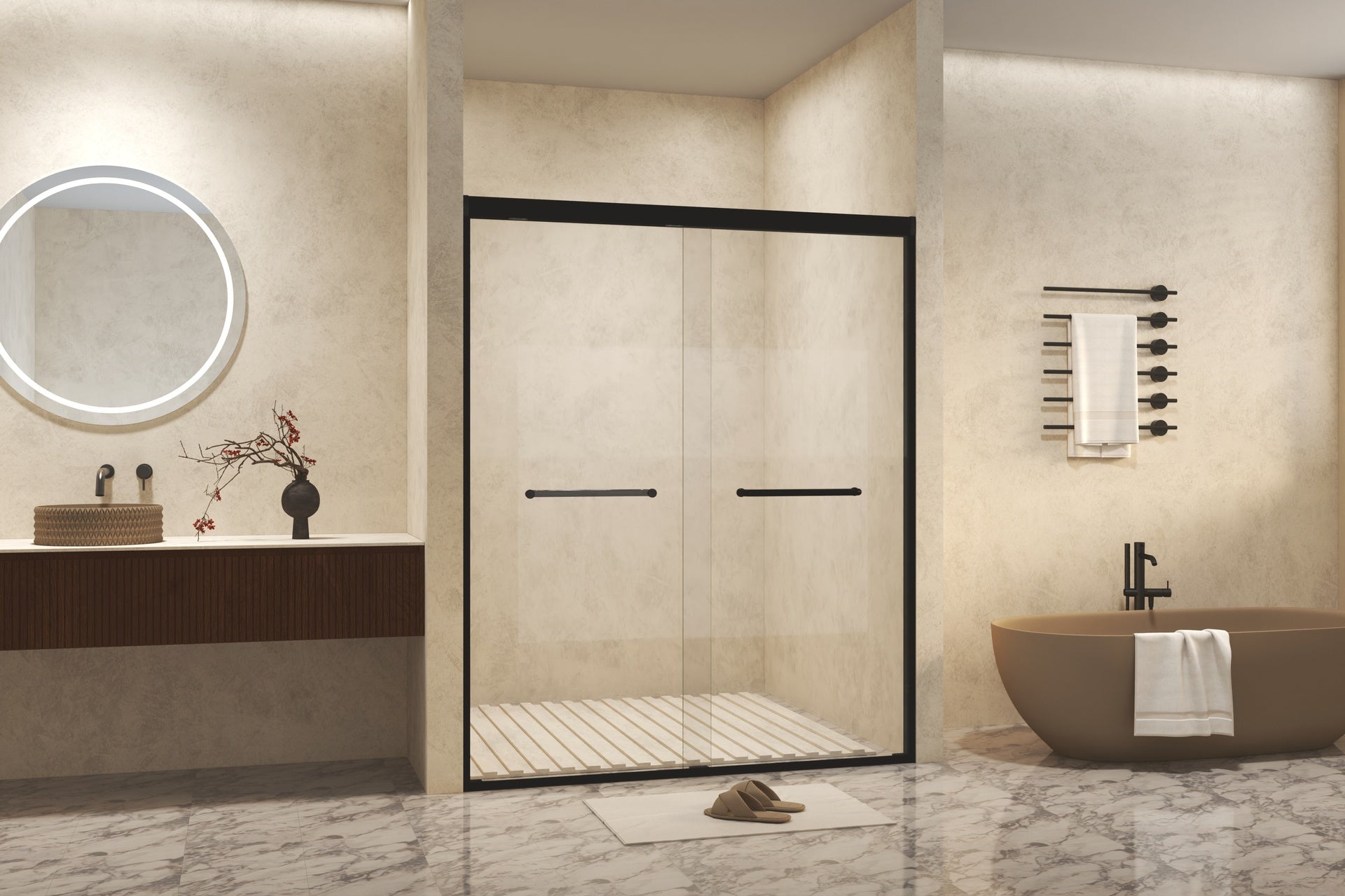 44-48" W × 72" H Tempered Glass with Explosion Proof Film, Aluminum Frame Double Sliding Shower Door, "1/4 (6 mm), Stainless Steel handle, Matte Black