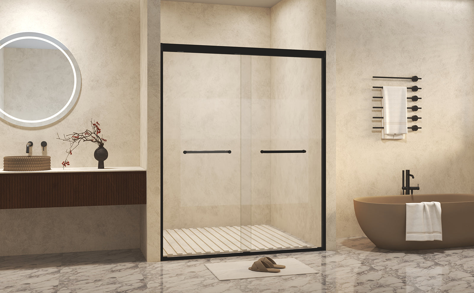 44-48" W × 72" H Tempered Glass with Explosion Proof Film, Aluminum Frame Double Sliding Shower Door, "1/4 (6 mm), Stainless Steel handle, Matte Black
