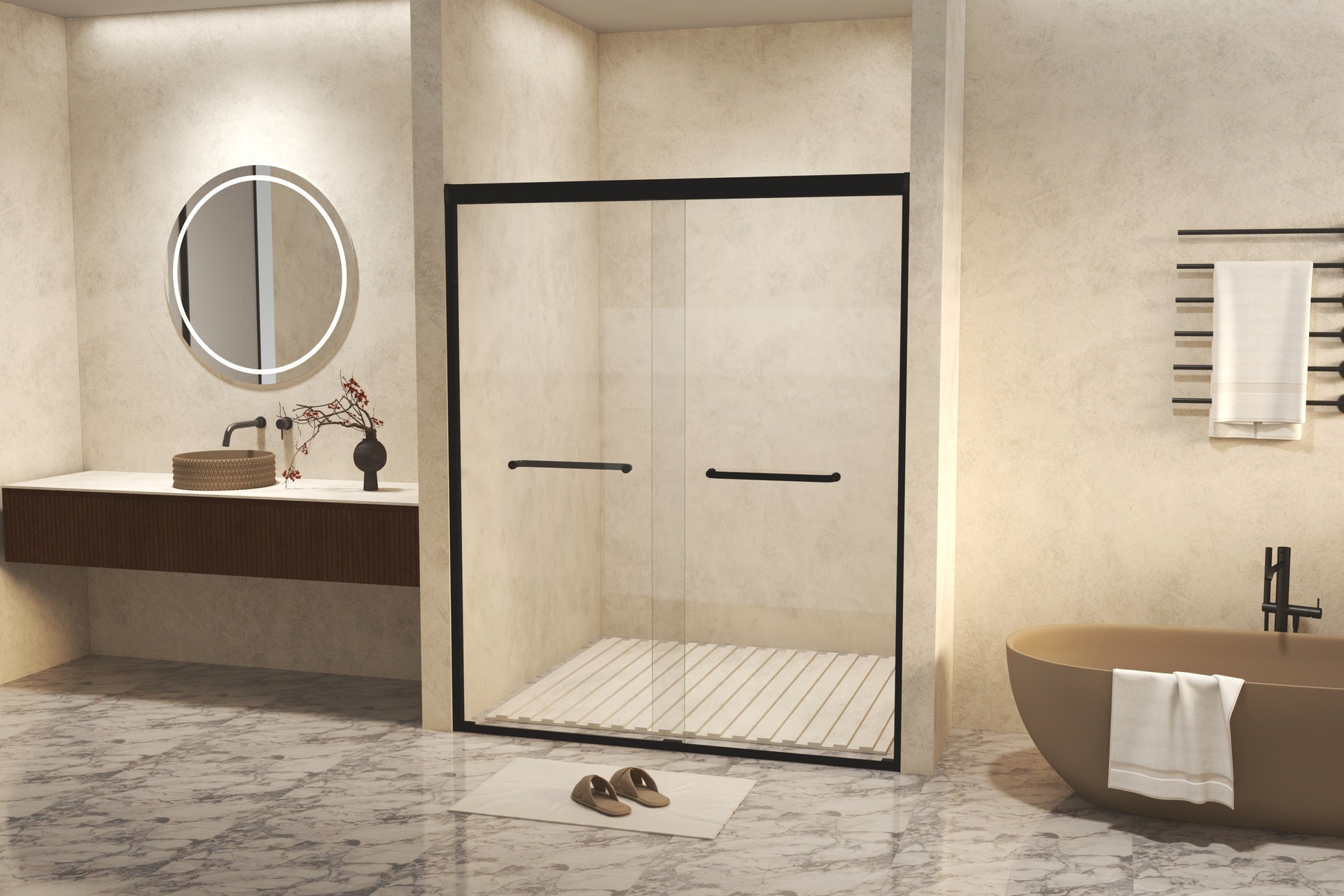 44-48" W × 72" H Tempered Glass with Explosion Proof Film, Aluminum Frame Double Sliding Shower Door, "1/4 (6 mm), Stainless Steel handle, Matte Black