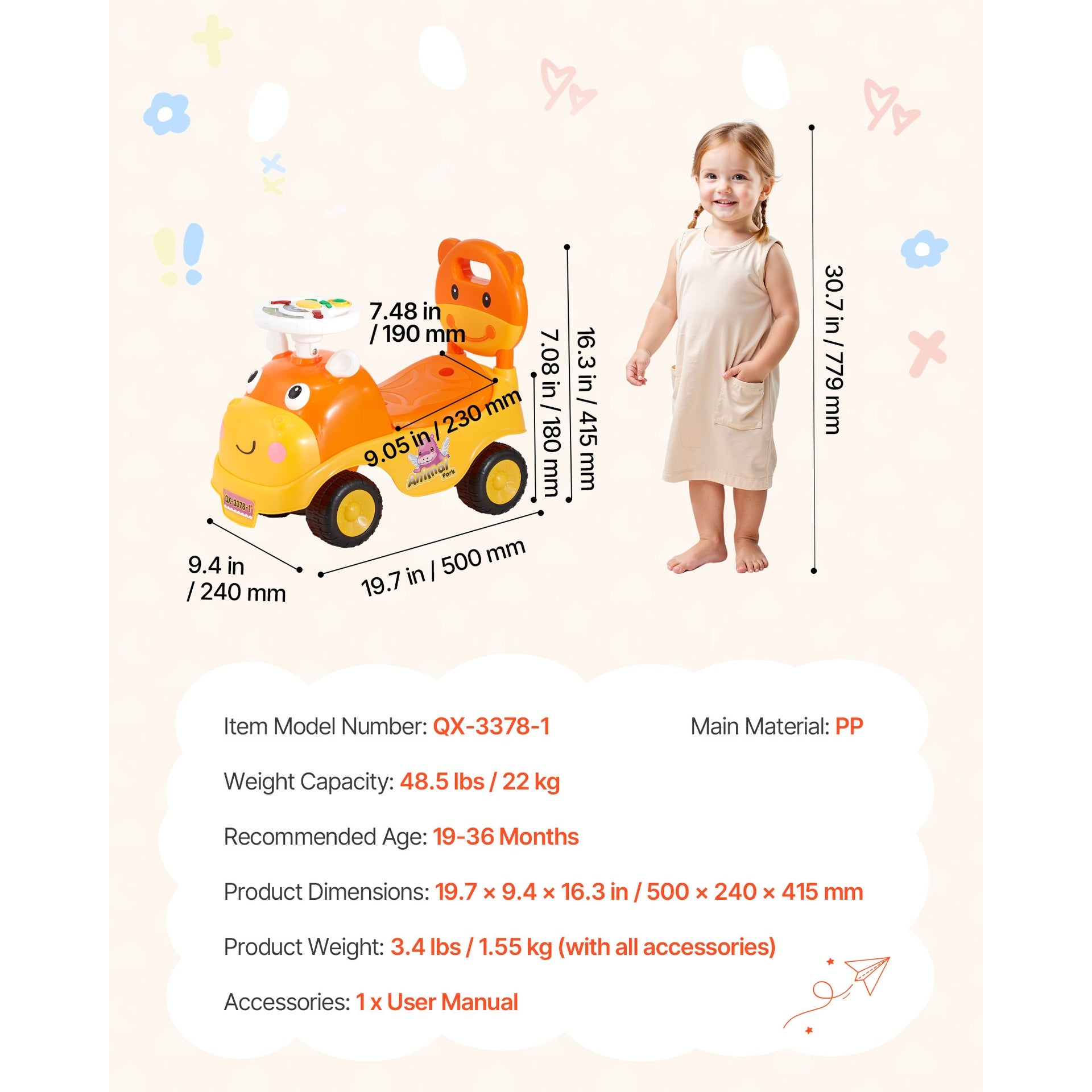 Ride On Toddler Push Car, Push Car for Toddler 19 to 36 Months, Kids Ride On Toy with Horn & Music, 48.5 lbs Load Capacity, Under-seat Storage, Foot-to-Floor Walker for Toddlers Boys Girls