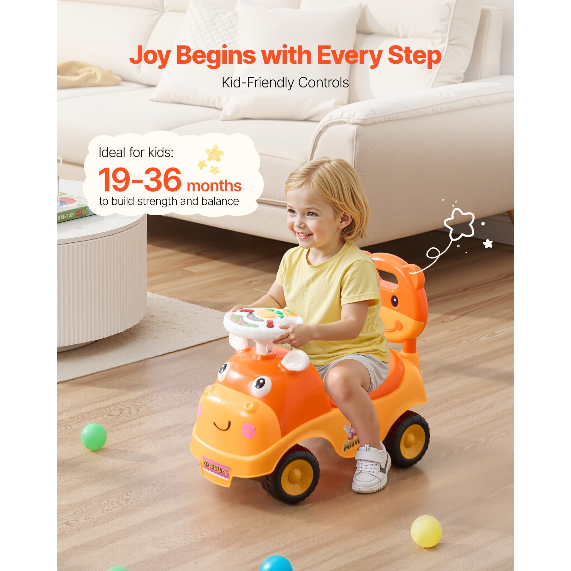 Ride On Toddler Push Car, Push Car for Toddler 19 to 36 Months, Kids Ride On Toy with Horn & Music, 48.5 lbs Load Capacity, Under-seat Storage, Foot-to-Floor Walker for Toddlers Boys Girls