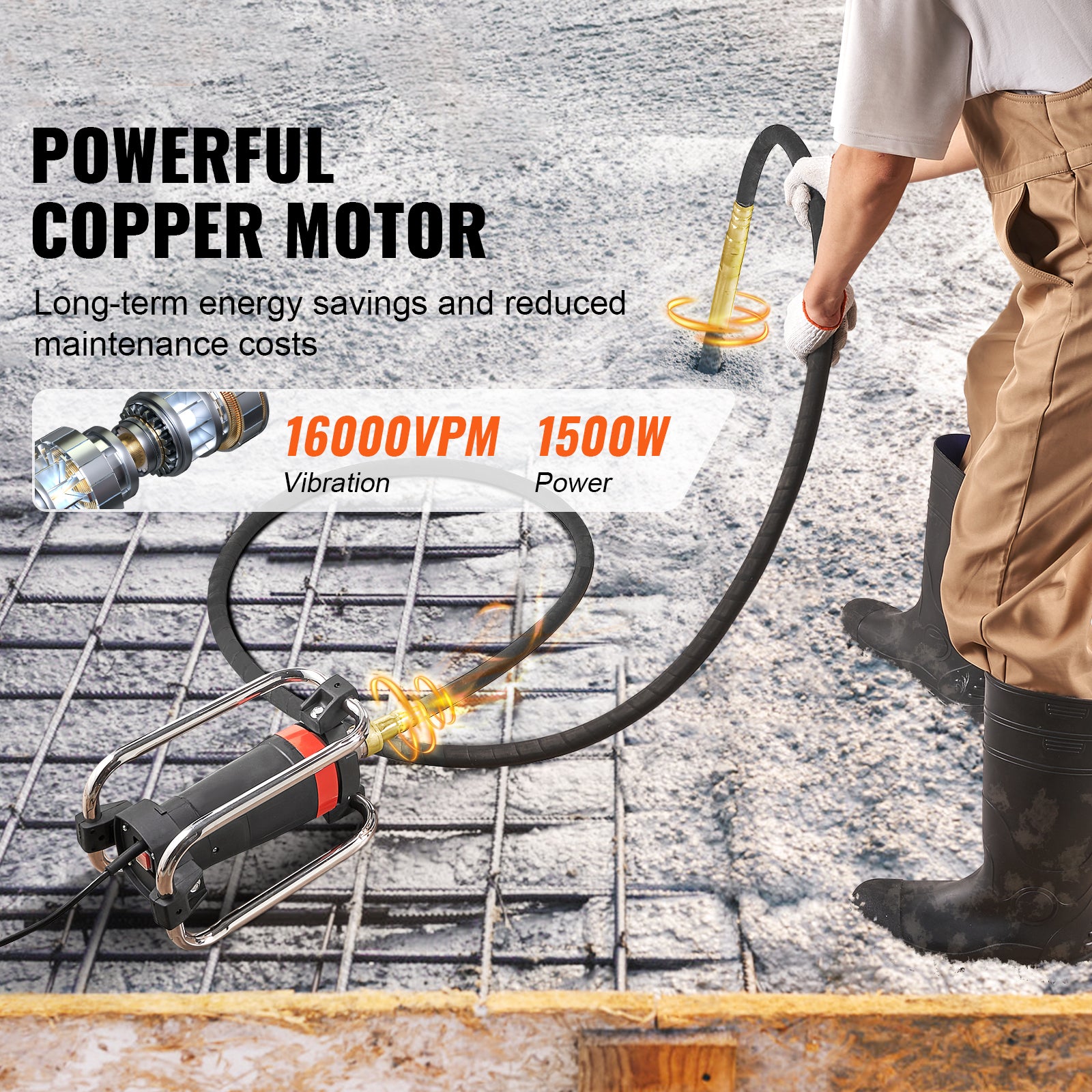 Electric Concrete Vibrator, 1500W 16000 VPM, 2HP Copper Motor Handheld Concrete Vibrating Tool, Portable Pencil Cement Vibrator with Shaft of 14.75ft / 4.5m, Remove Air Bubble and Level Concrete