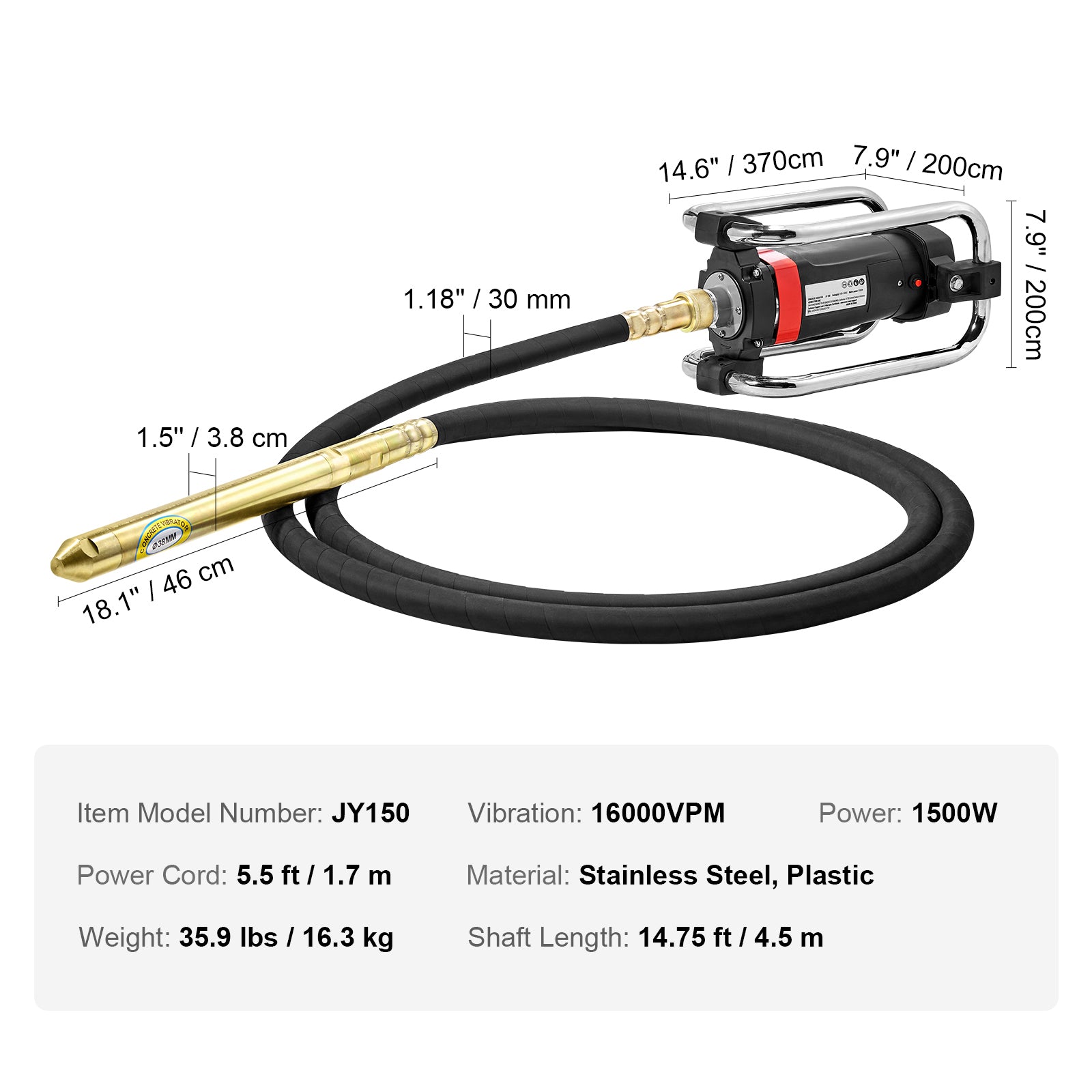 Electric Concrete Vibrator, 1500W 16000 VPM, 2HP Copper Motor Handheld Concrete Vibrating Tool, Portable Pencil Cement Vibrator with Shaft of 14.75ft / 4.5m, Remove Air Bubble and Level Concrete