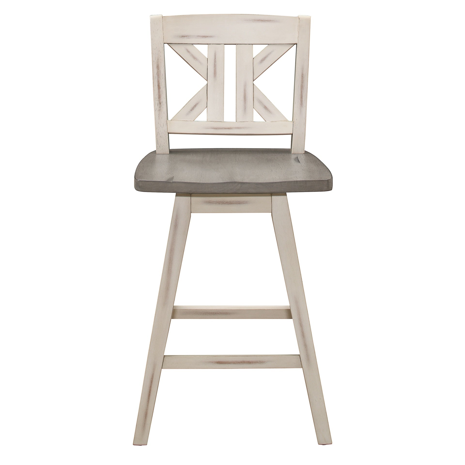 Counter Height Chairs Set of 2, White Gray 360-degree Swivel Chair Solid Rubberwood Kitchen Dining Furniture, Divided X-Back