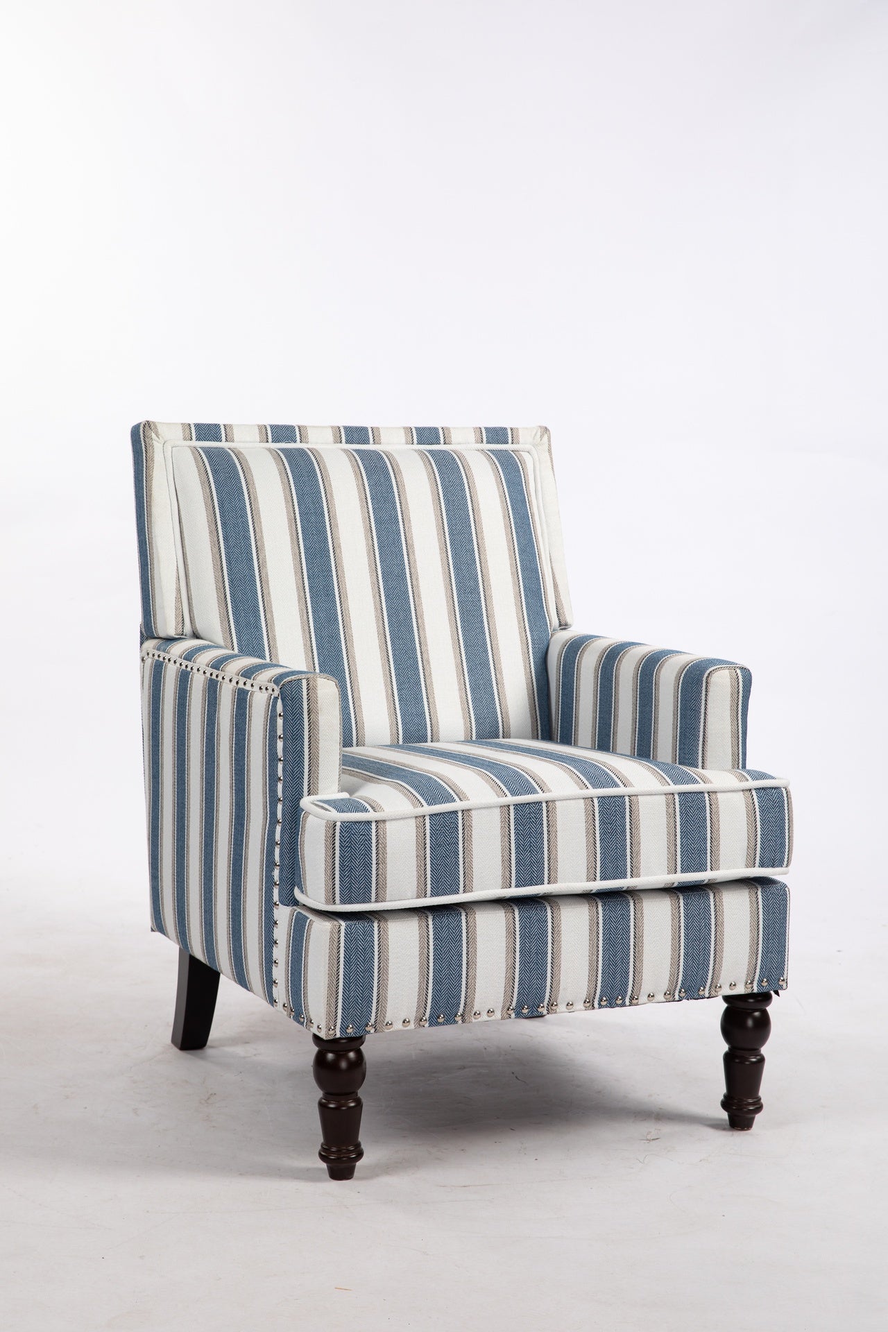 Upholstered Accent Chair, Vintage Armchair with Blue and White Striped Linen Fabric and Nailhead Trim for Living Room
