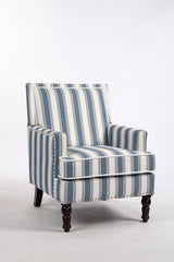 Upholstered Accent Chair, Vintage Armchair with Blue and White Striped Linen Fabric and Nailhead Trim for Living Room