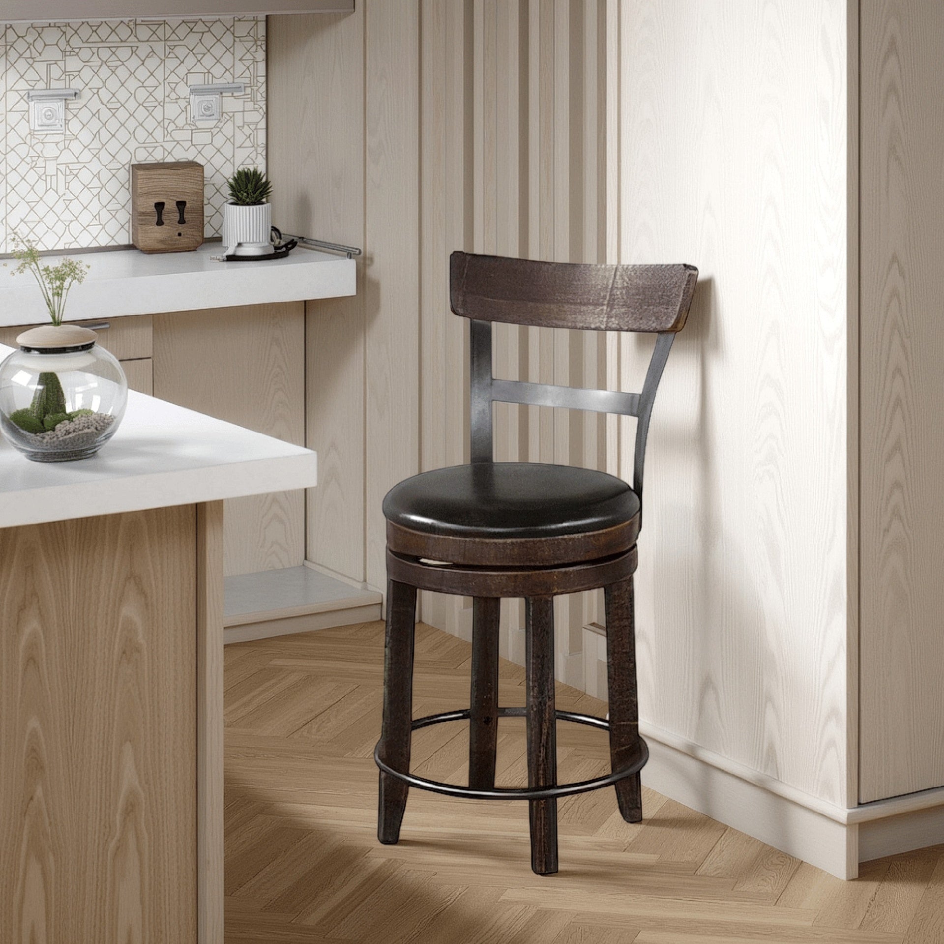 Flint Swivel Counter Stool Chair Set of 2, Black Faux Leather, Brown