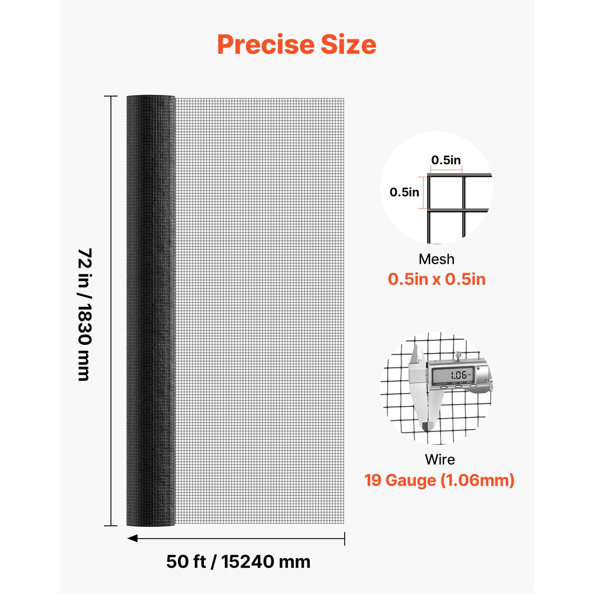 Hardware Cloth 72 in x 50 ft, 1/2 in 19 Gauge Galvanized Wire Mesh Roll, Weather-Resistant Vinyl Coated Chicken Wire Fencing, Heavy Duty Welded Garden Plant Fencing for Rabbit Cage Snake Fence