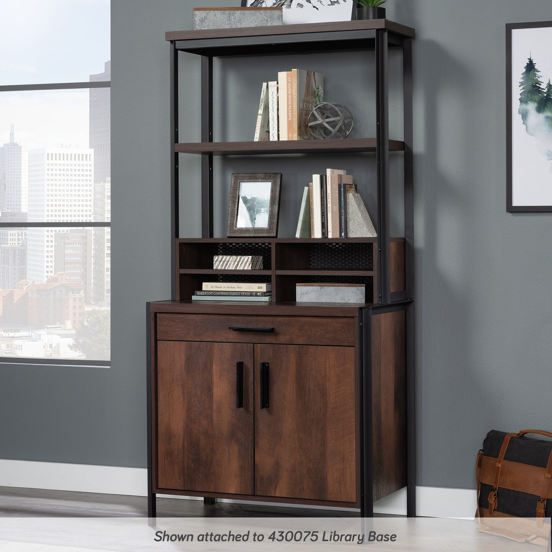 Library Hutch with Adjustable Shelf, Brown finish