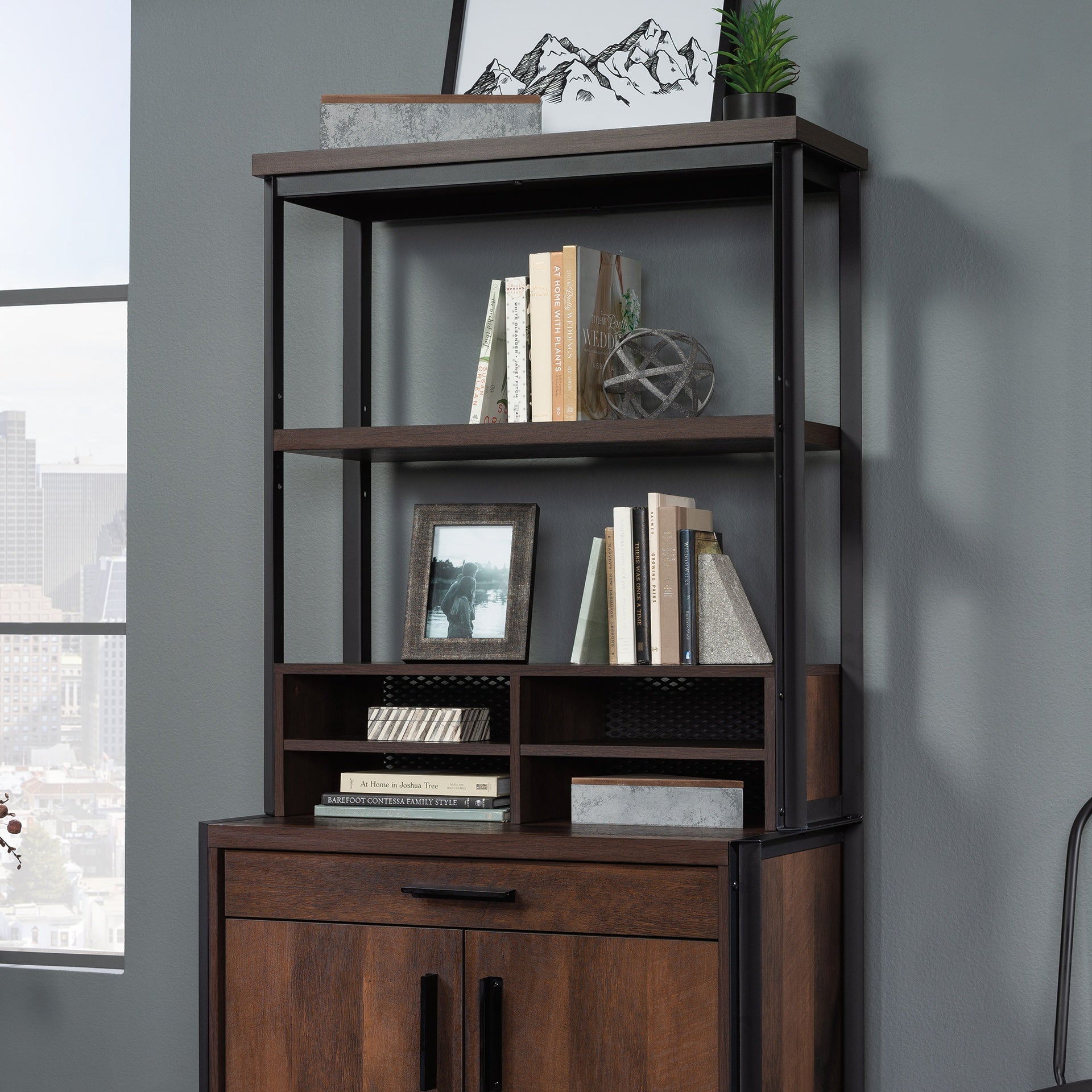 Library Hutch with Adjustable Shelf, Brown finish