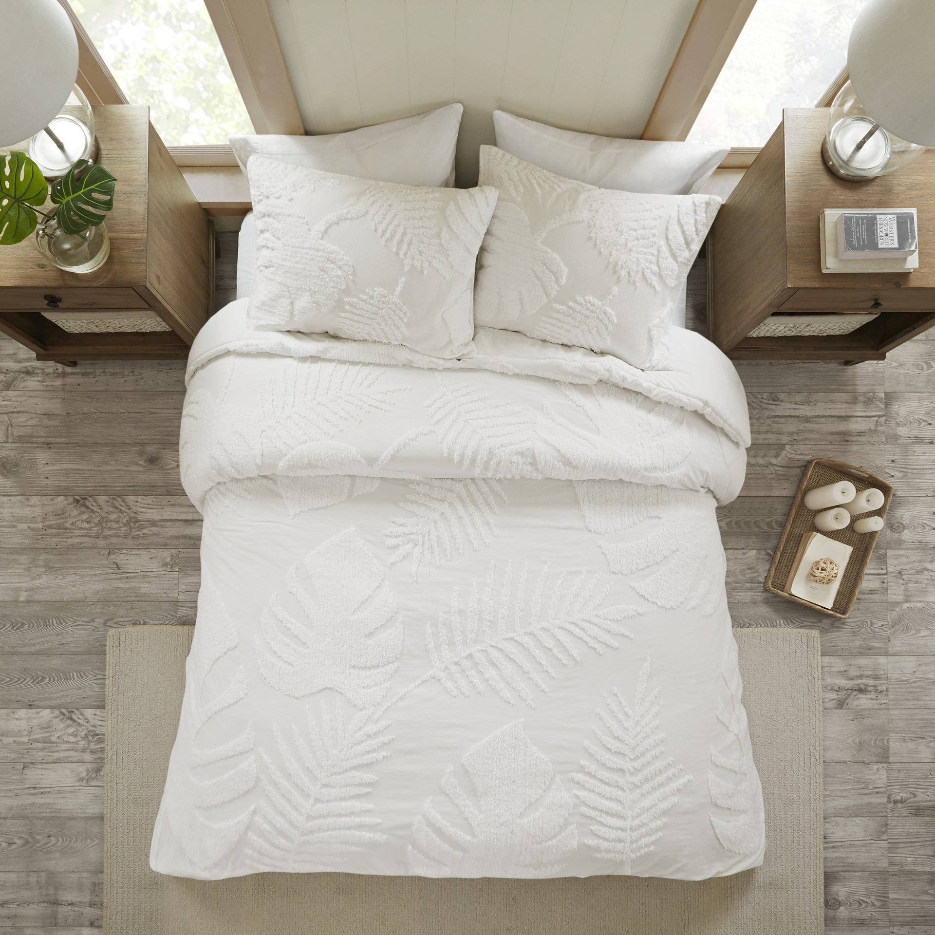 3 Piece Tufted Cotton Chenille Palm Comforter Set Off-White Full/Queen