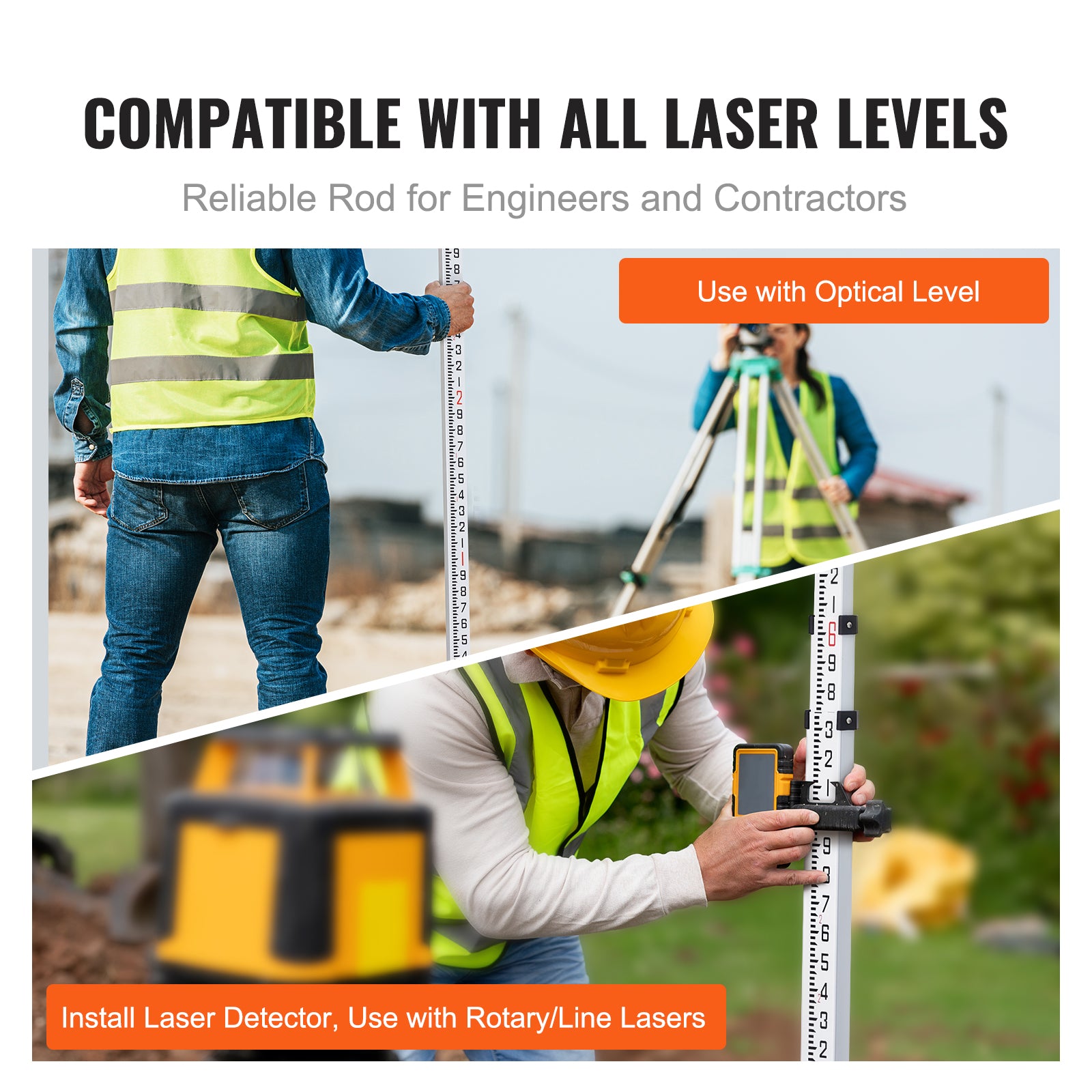 Aluminum Grade Rod, 9-Feet/10ths 3 Sections Telescopic Measuring Rod,Double-Sided Scale 1/10ft Leveling Rod Stick,Aluminum Alloy Survey Rod with Bubble Level&Carrying Bag for Houses,Walls,Floors