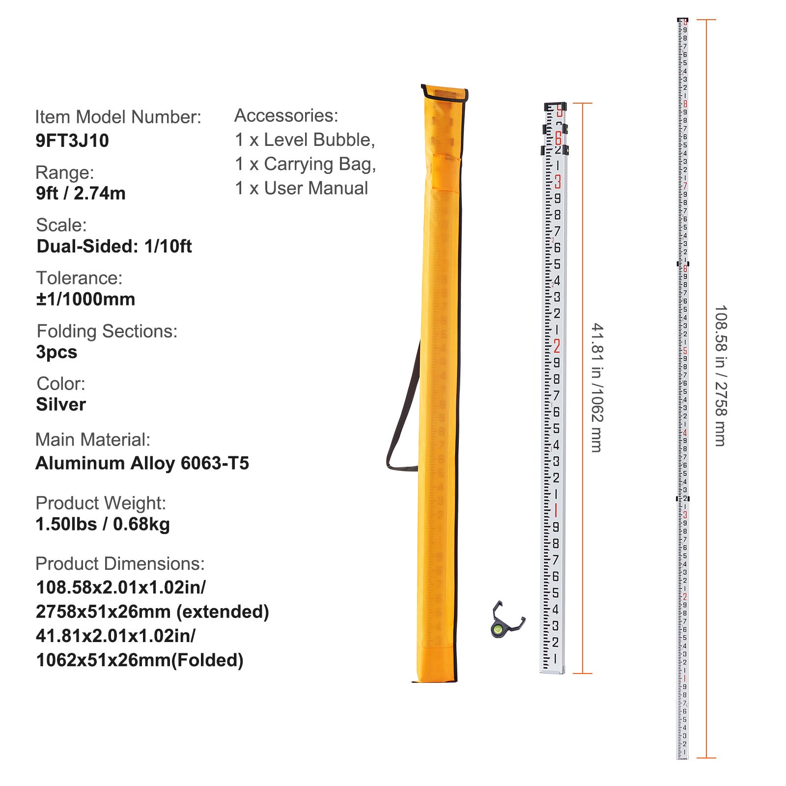 Aluminum Grade Rod, 9-Feet/10ths 3 Sections Telescopic Measuring Rod,Double-Sided Scale 1/10ft Leveling Rod Stick,Aluminum Alloy Survey Rod with Bubble Level&Carrying Bag for Houses,Walls,Floors