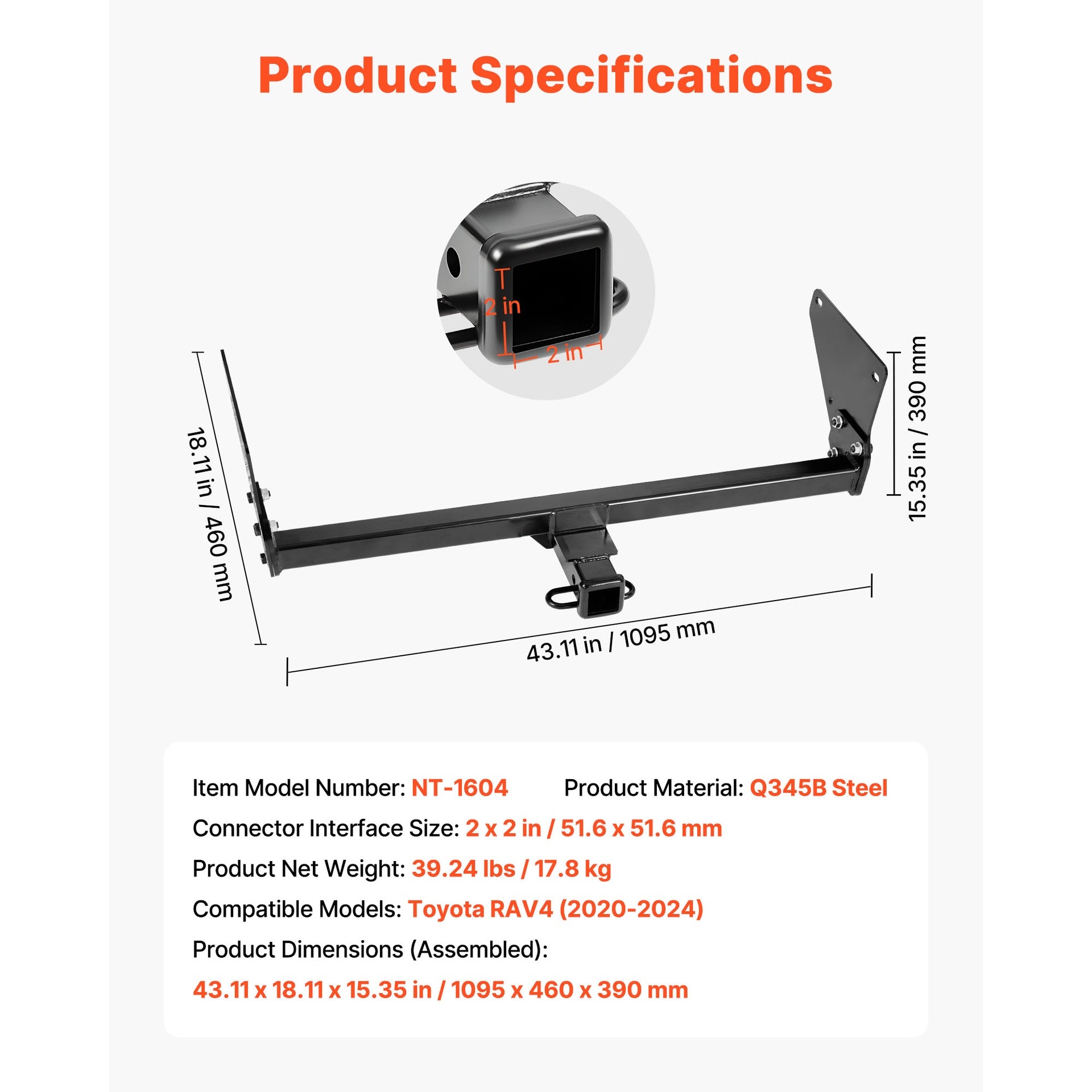 Class 3 Trailer Hitch Tow Hitch with 2" Receiver for 2020-2024 Honda RAV4