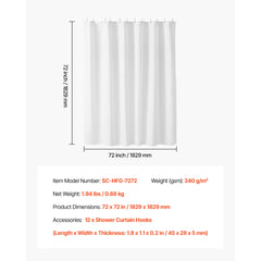 White Fabric Shower Curtain, 240 GSM Weighted Waffle Shower Curtains, Polyester Curtain with Rust-Resistant Hooks, Machine Washable & Water Repellent, for Bathroom Showers, Bath Tubs, 72x72 in