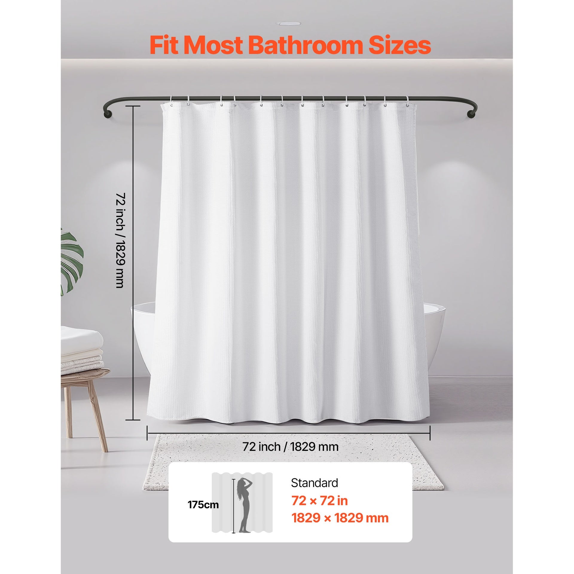 White Fabric Shower Curtain, 240 GSM Weighted Waffle Shower Curtains, Polyester Curtain with Rust-Resistant Hooks, Machine Washable & Water Repellent, for Bathroom Showers, Bath Tubs, 72x72 in
