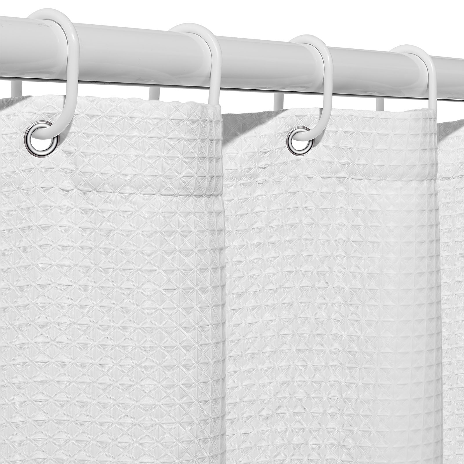 White Fabric Shower Curtain, 240 GSM Weighted Waffle Shower Curtains, Polyester Curtain with Rust-Resistant Hooks, Machine Washable & Water Repellent, for Bathroom Showers, Bath Tubs, 72x72 in